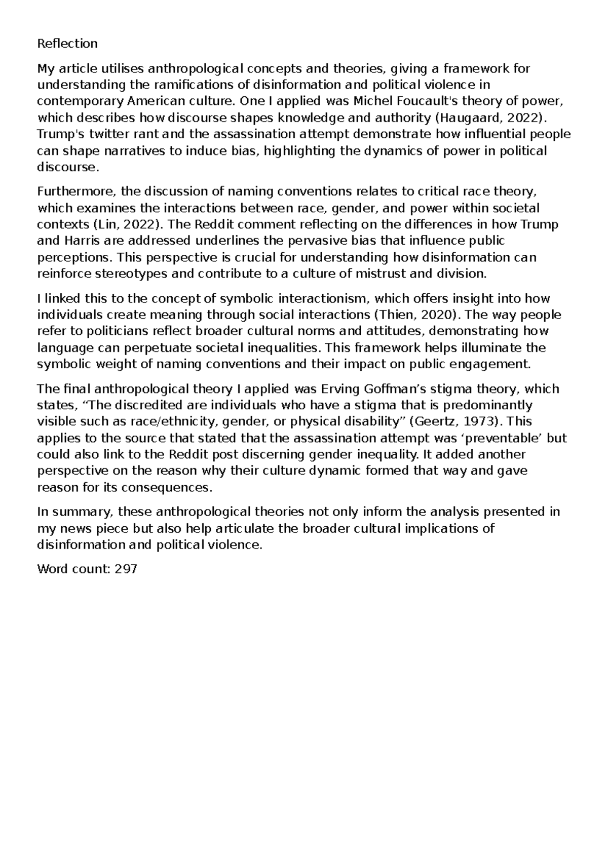 Reflection on Disinformation & Political Violence in Anth1030 - Studocu