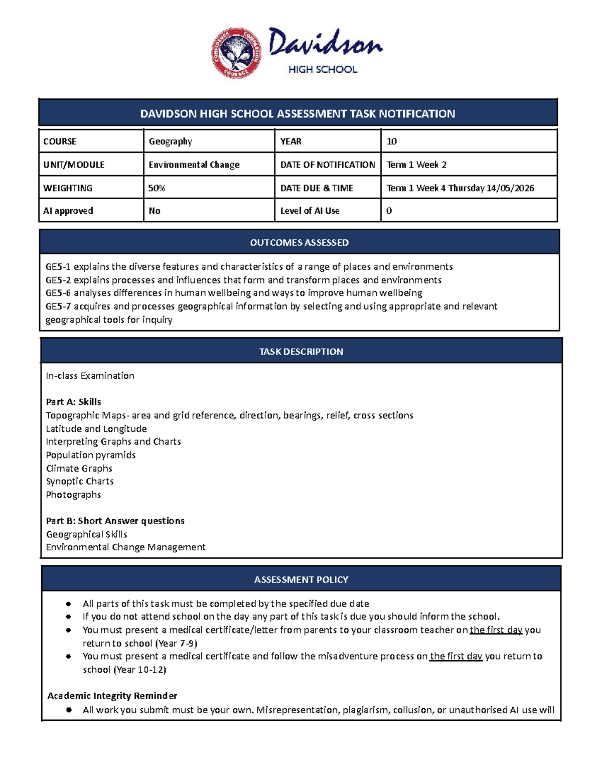 Year 10 Geography Assessment Task: Environmental Change - Studocu