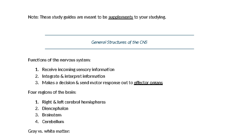 BIOL 251 - Chapter 12 Study Guide: Central Nervous System Overview ...