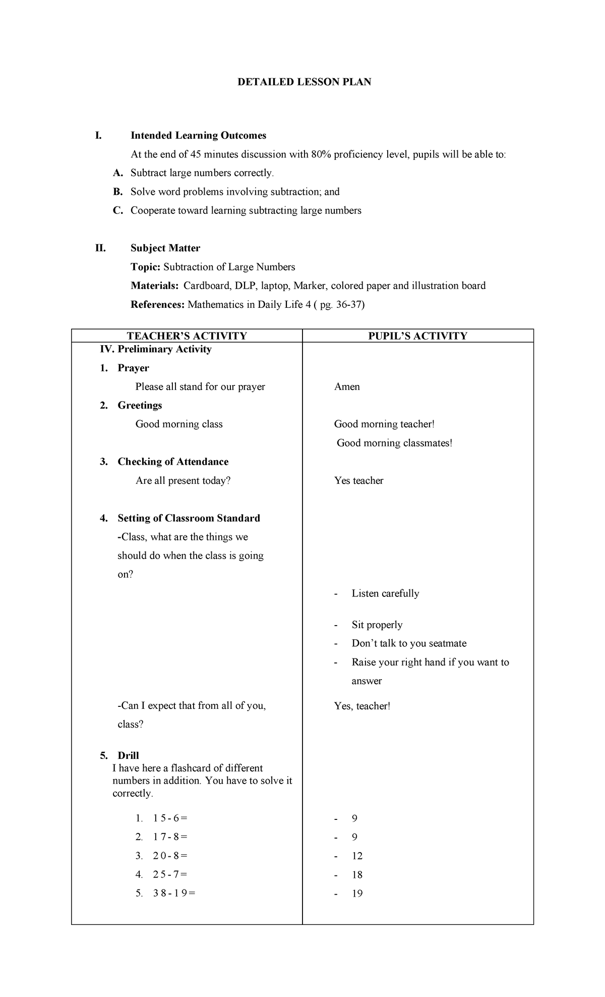 DLP IN MATH: Lesson Plan on Subtraction of Large Numbers - Studocu