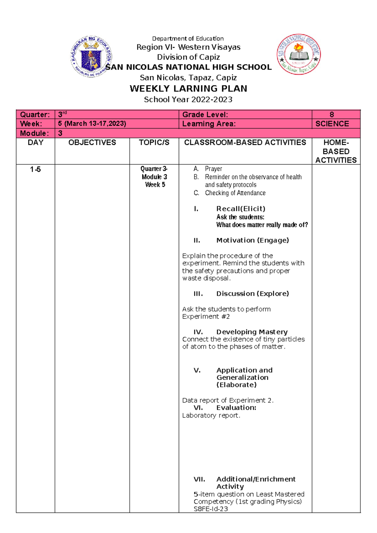 WLP-Weekly Learning Plan for Grade 8 - Module 3, Week 5 - Studocu