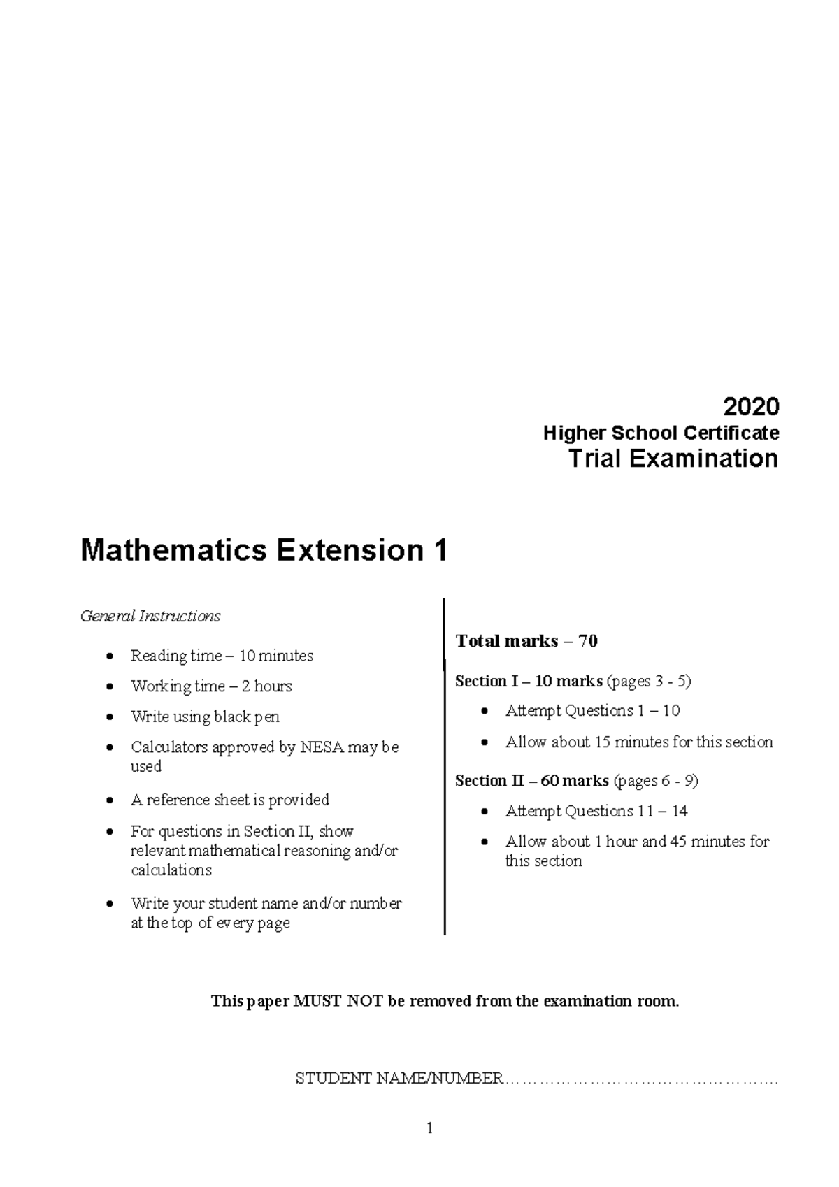 Maths Ext1 HSC Trial Exam 2020 - General Instructions & Questions - Studocu