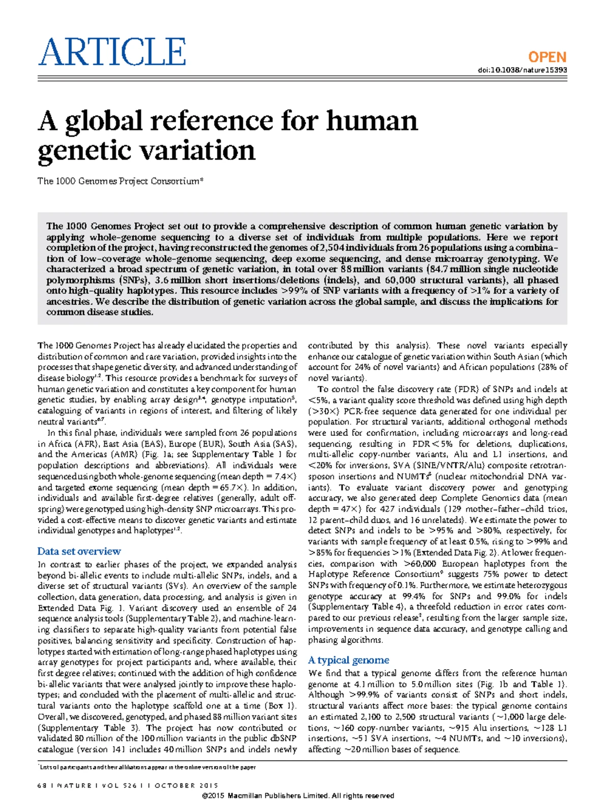The 1000 Genomes Project: Comprehensive Insights on Genetic Variation ...