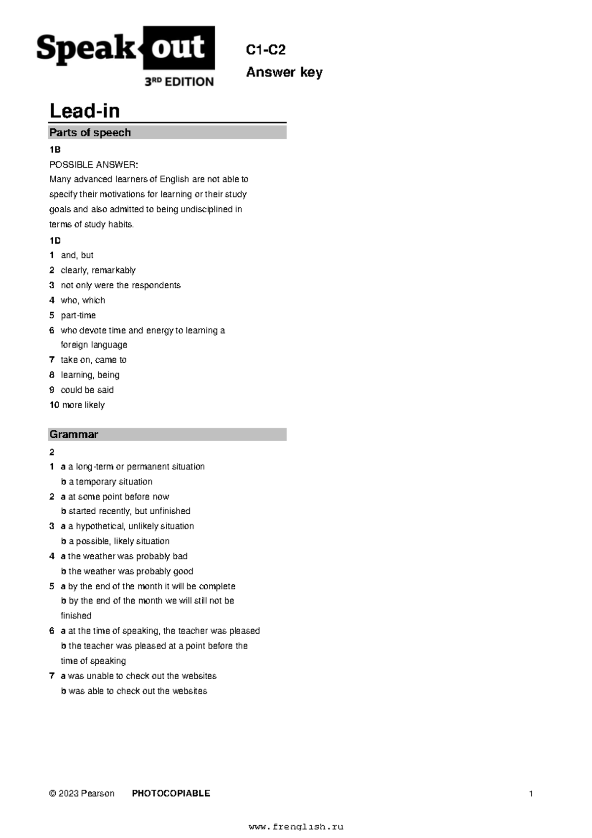 Speak Out 3rd C1-C2 SB Answer Key: Grammar, Vocabulary & Listening ...