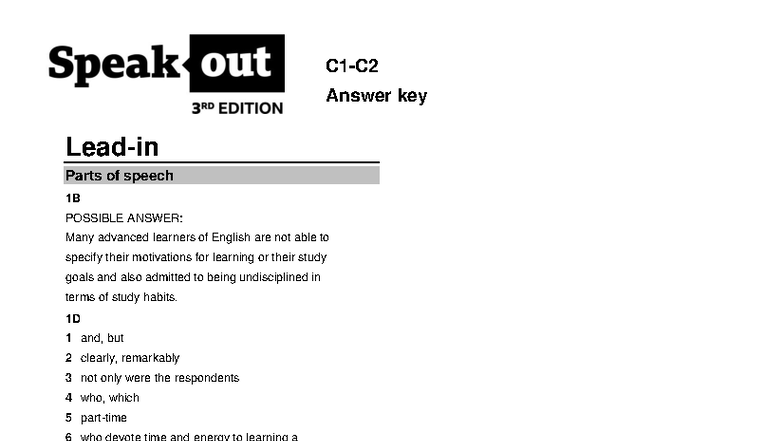 Speak Out 3rd C1-C2 SB Answer Key: Grammar, Vocabulary & Listening ...