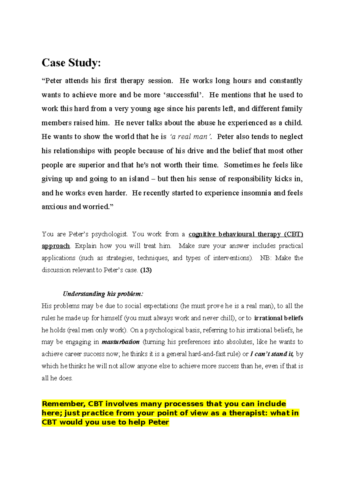 Case Study: CBT Treatment Plan for Peter's Therapy Session - Studocu