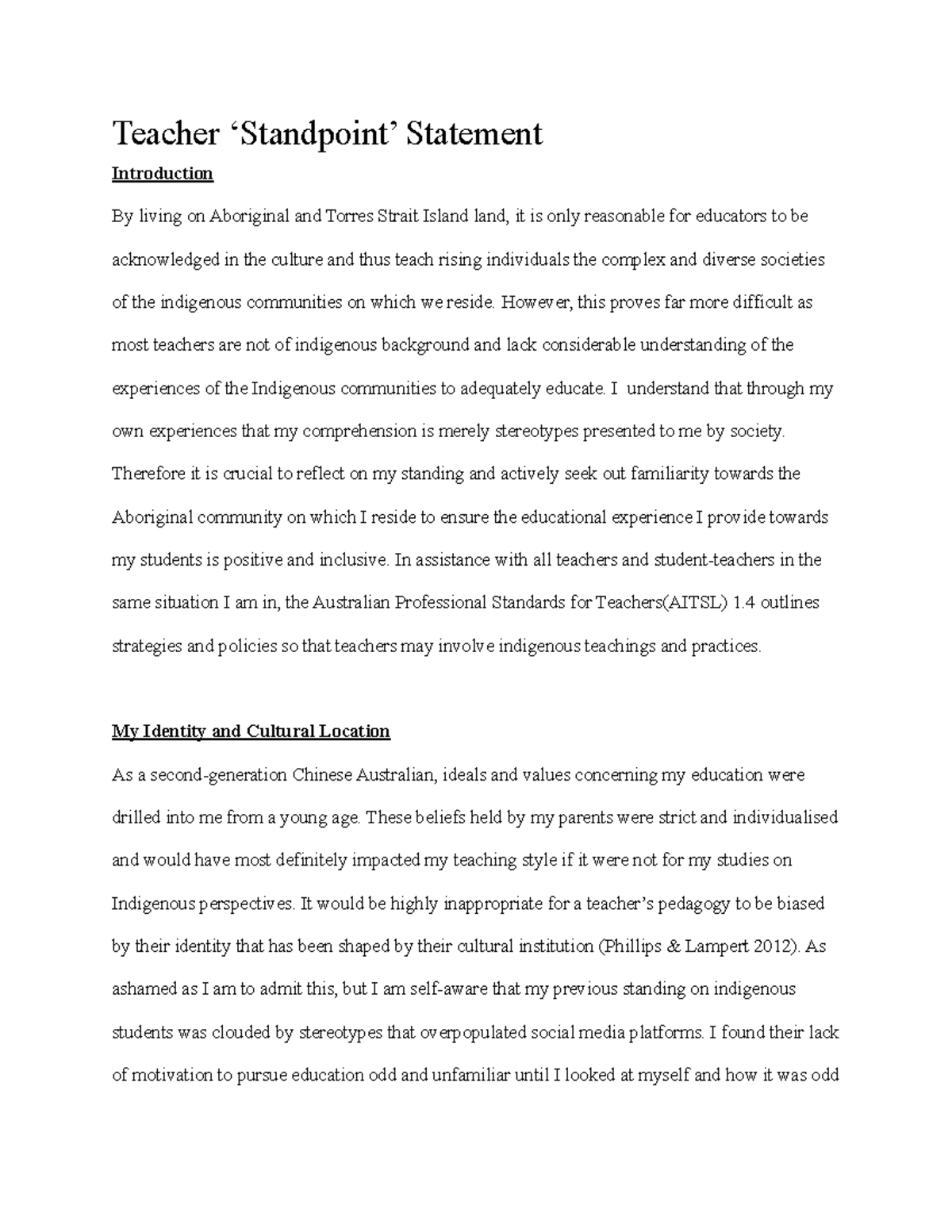 EDST1108 Assessment 1 - Teacher Standpoint Statement on Indigenous ...