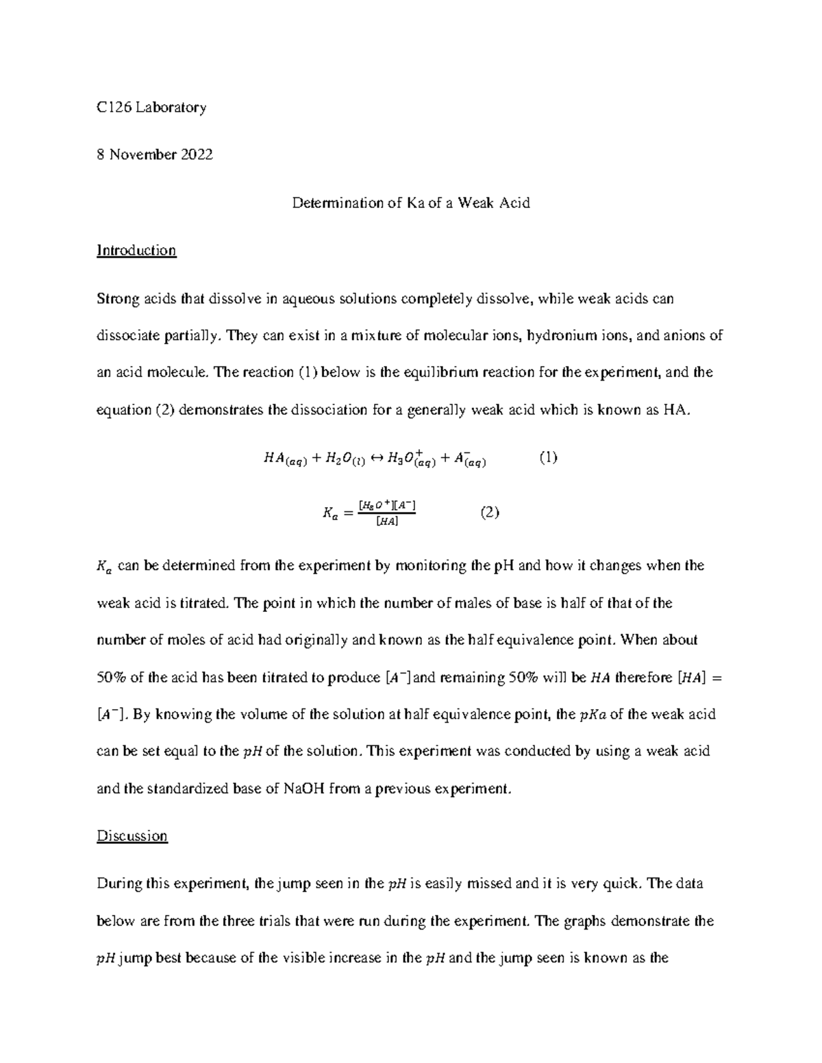 Lab Report: Determination of Ka for a Weak Acid (C126) - Studocu