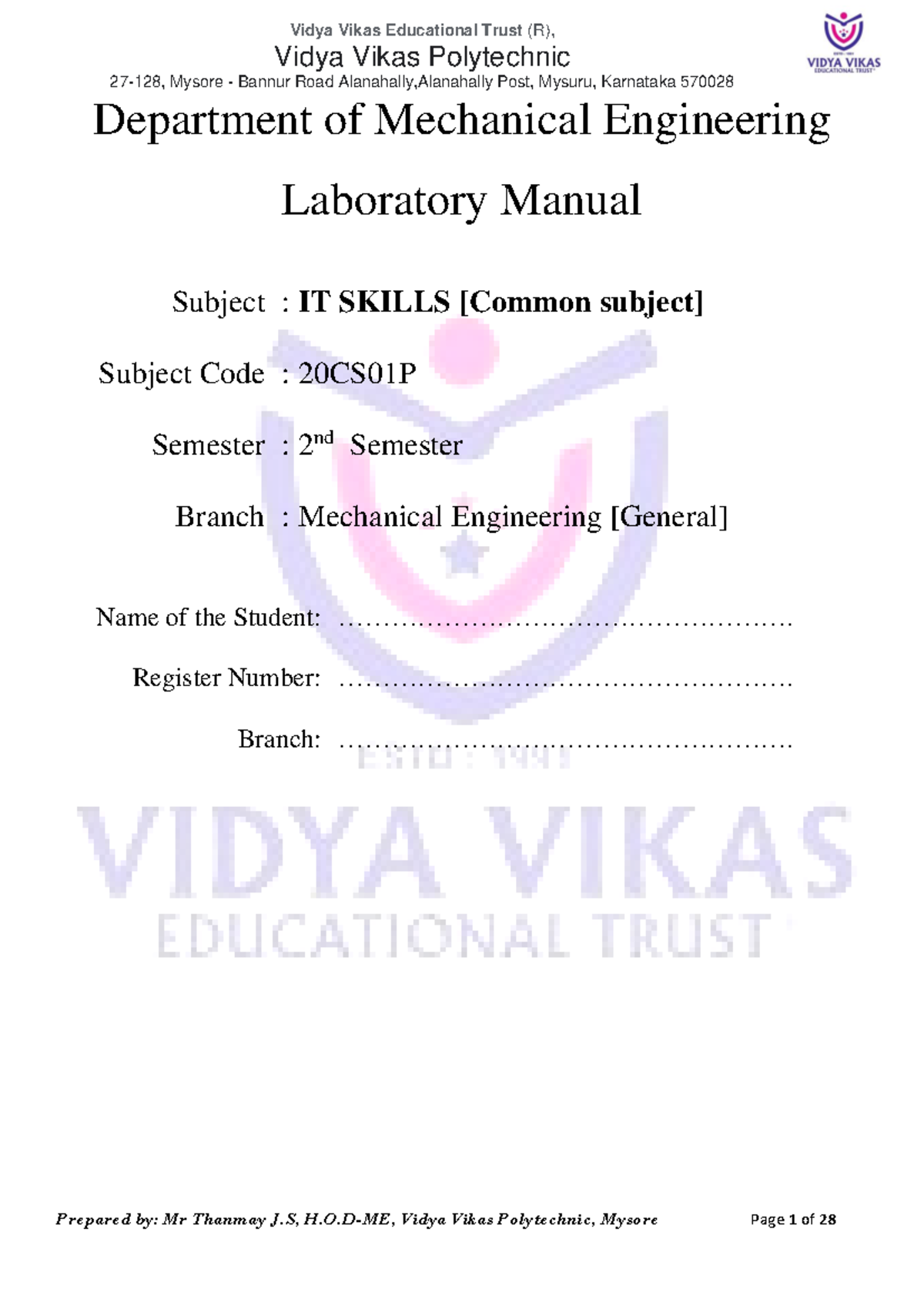 IT Skills Lab Manual for Semester 2 - 20CS01P - Studocu