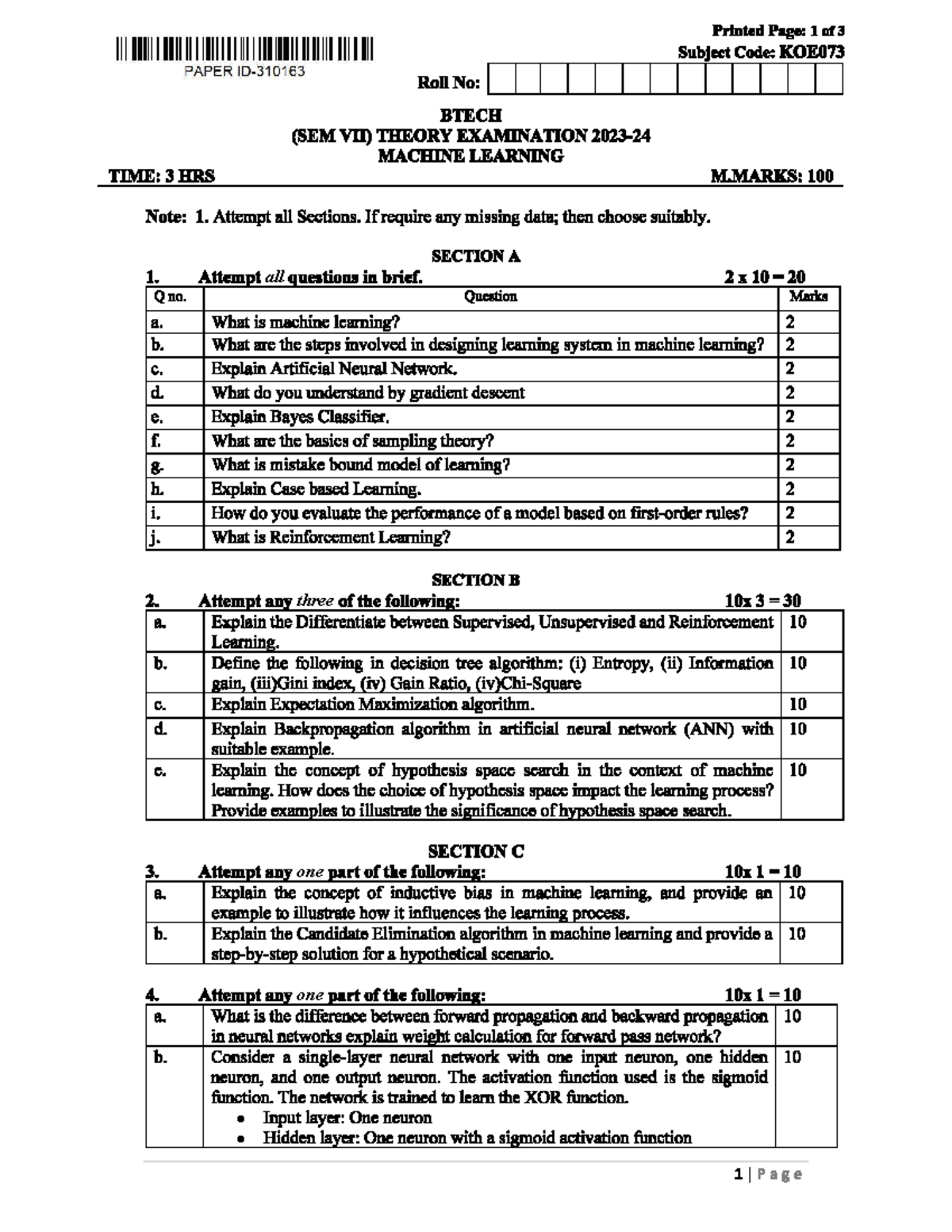 Machine Learning PYQ - KOE073 BTECH Sem VII Exam Questions - Studocu