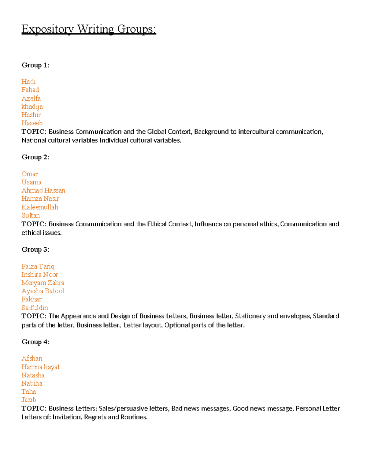 Expository Writing Groups: Business Communication Topics Overview - Studocu