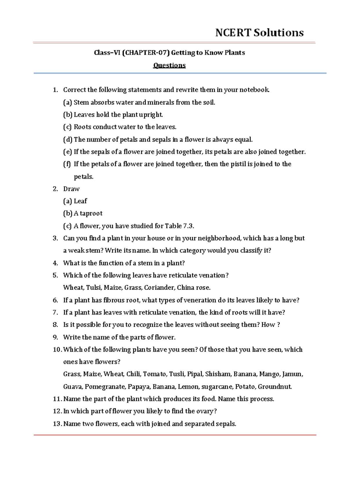 Ch7 - Notes - Class–VI (CHAPTER-07) Getting to Know Plants Questions ...