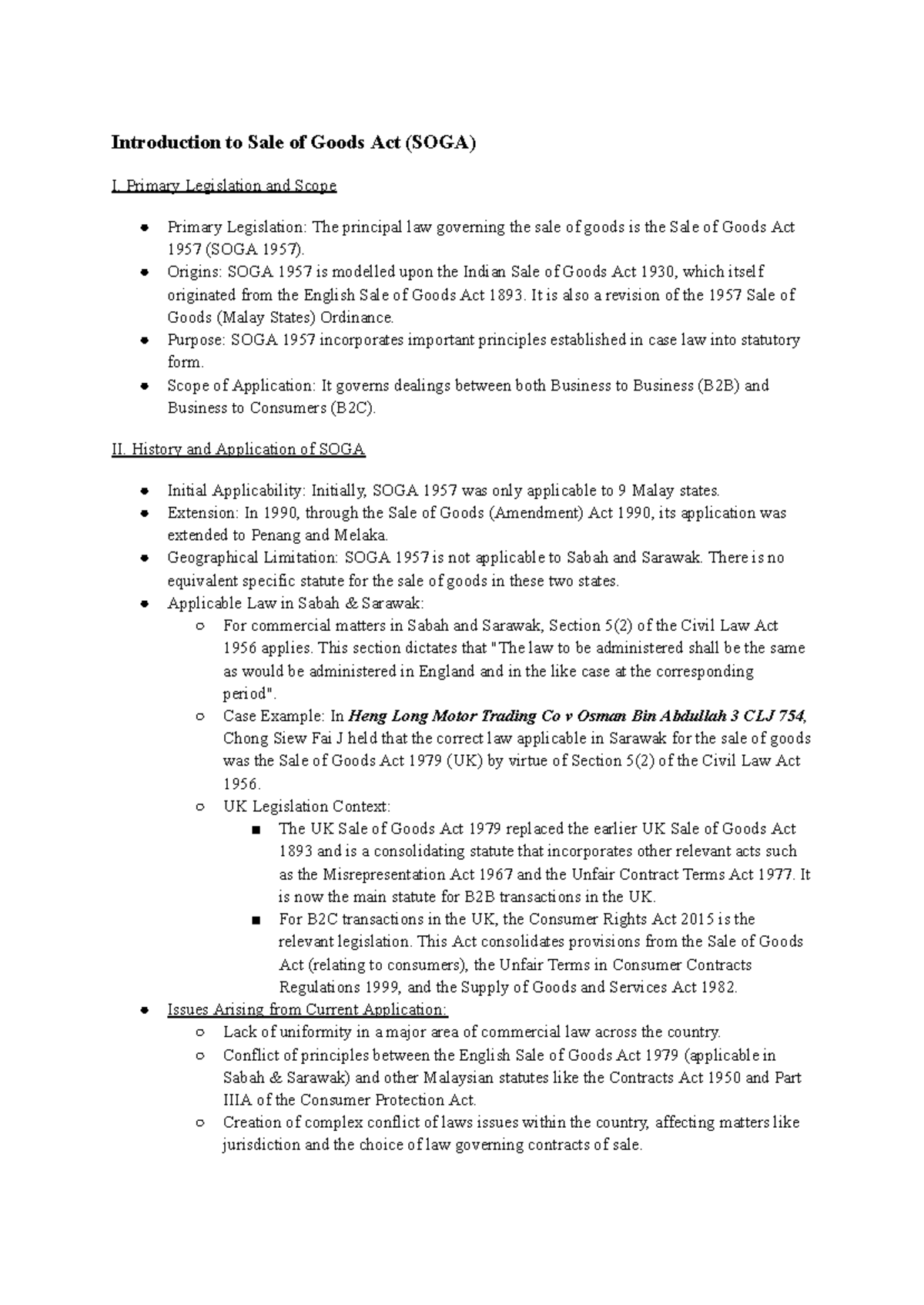 Commercial Law: Sale of Goods Act (SOGA) Overview and Analysis - Studocu