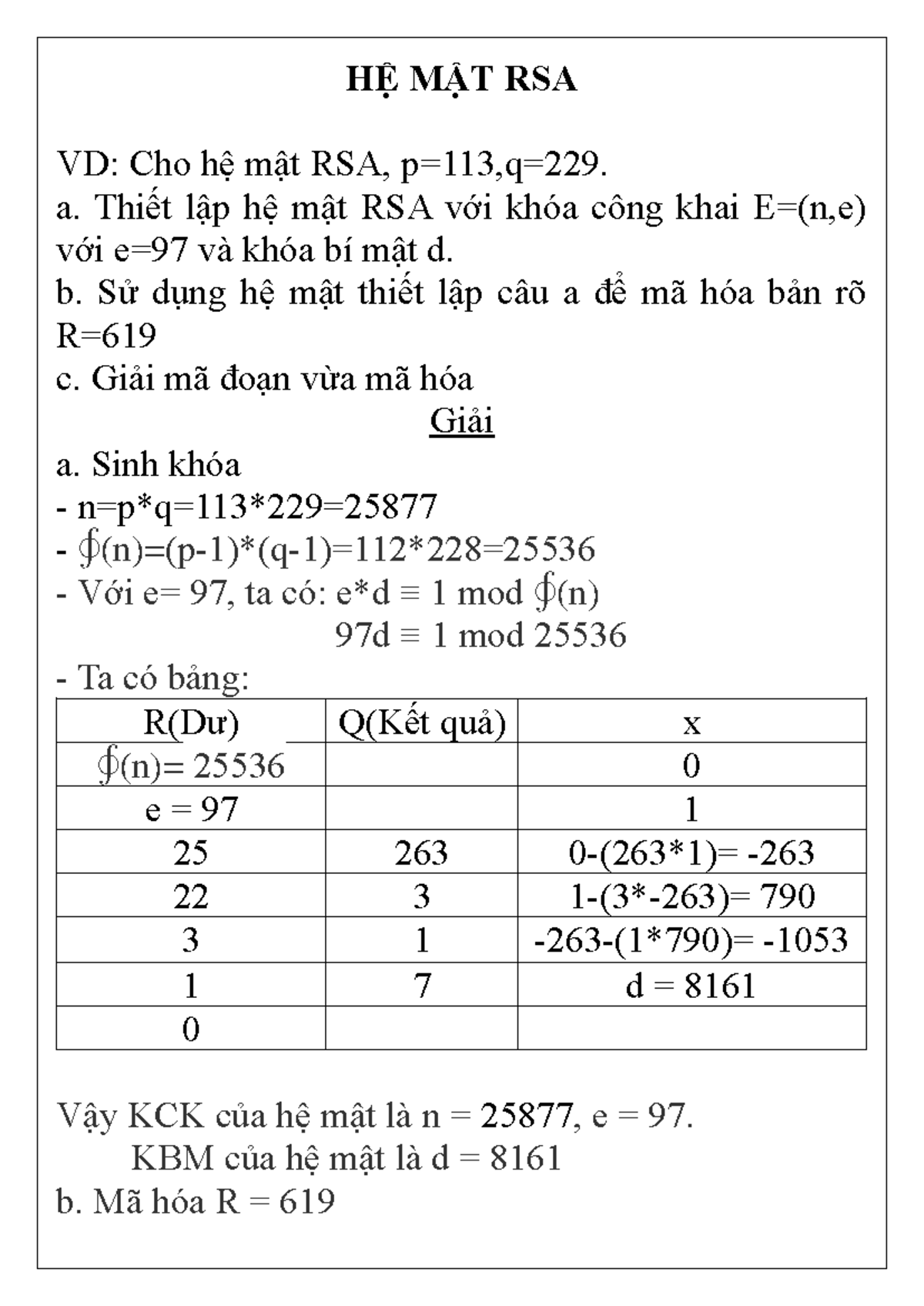 HỆ MẬT RSA - Tính toán khóa và mã hóa, giải mã dữ liệu - Studocu