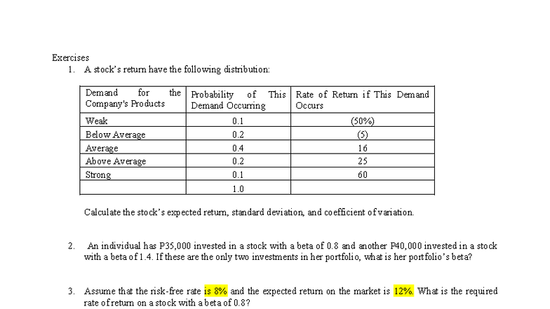 5 - Risk & Return - Questions & Calculations - Studocu