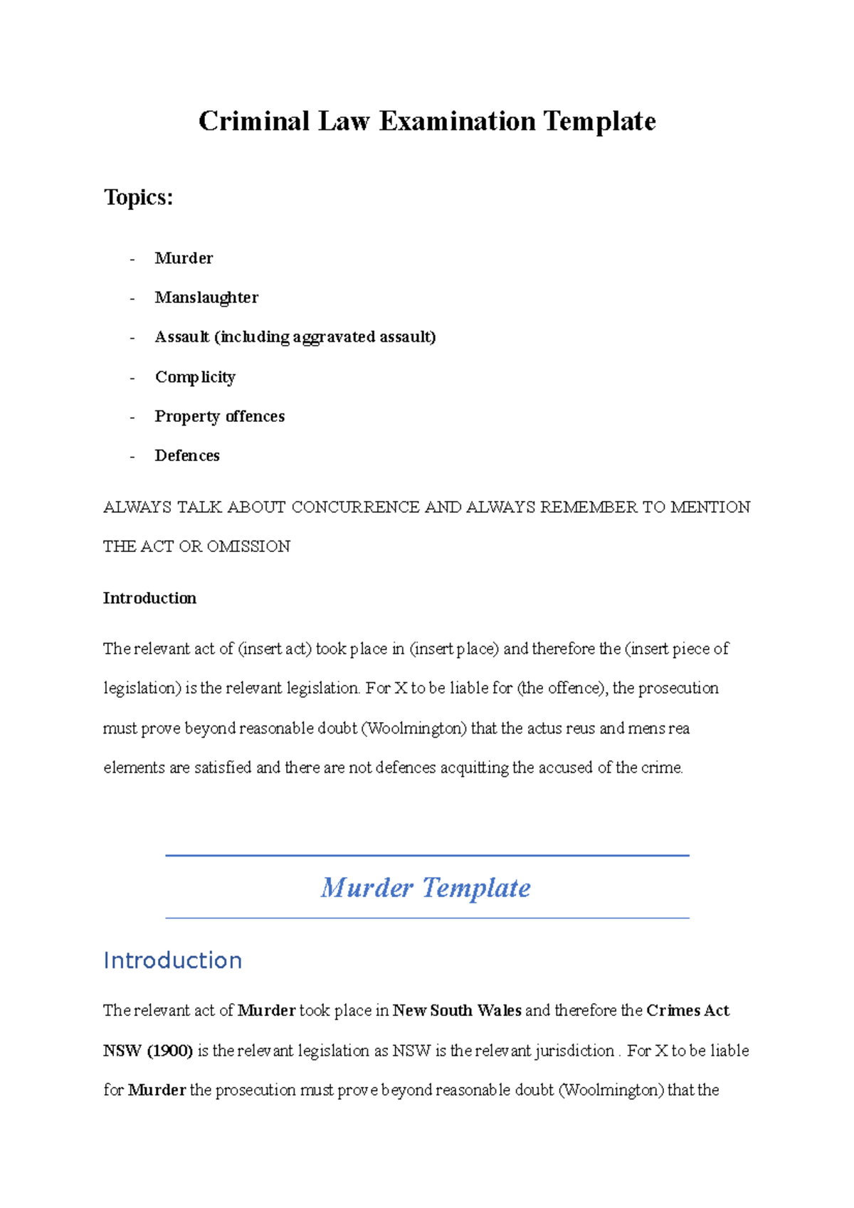 Criminal Law Exam Template: Murder, Manslaughter, & Assault Notes - Studocu