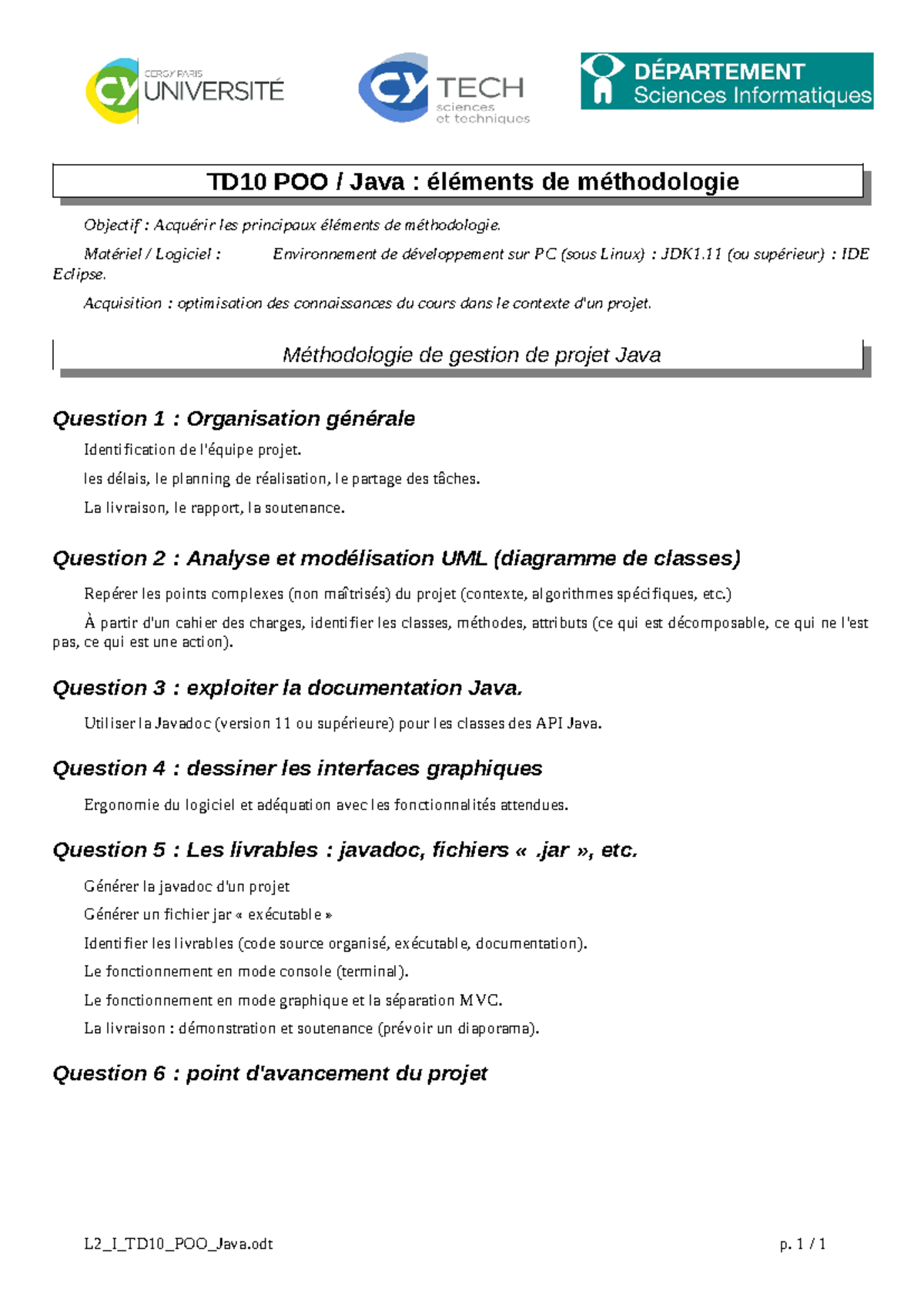 L2 I TD10 POO Java 2 - TD10 POO / Java : éléments de méthodologie ...