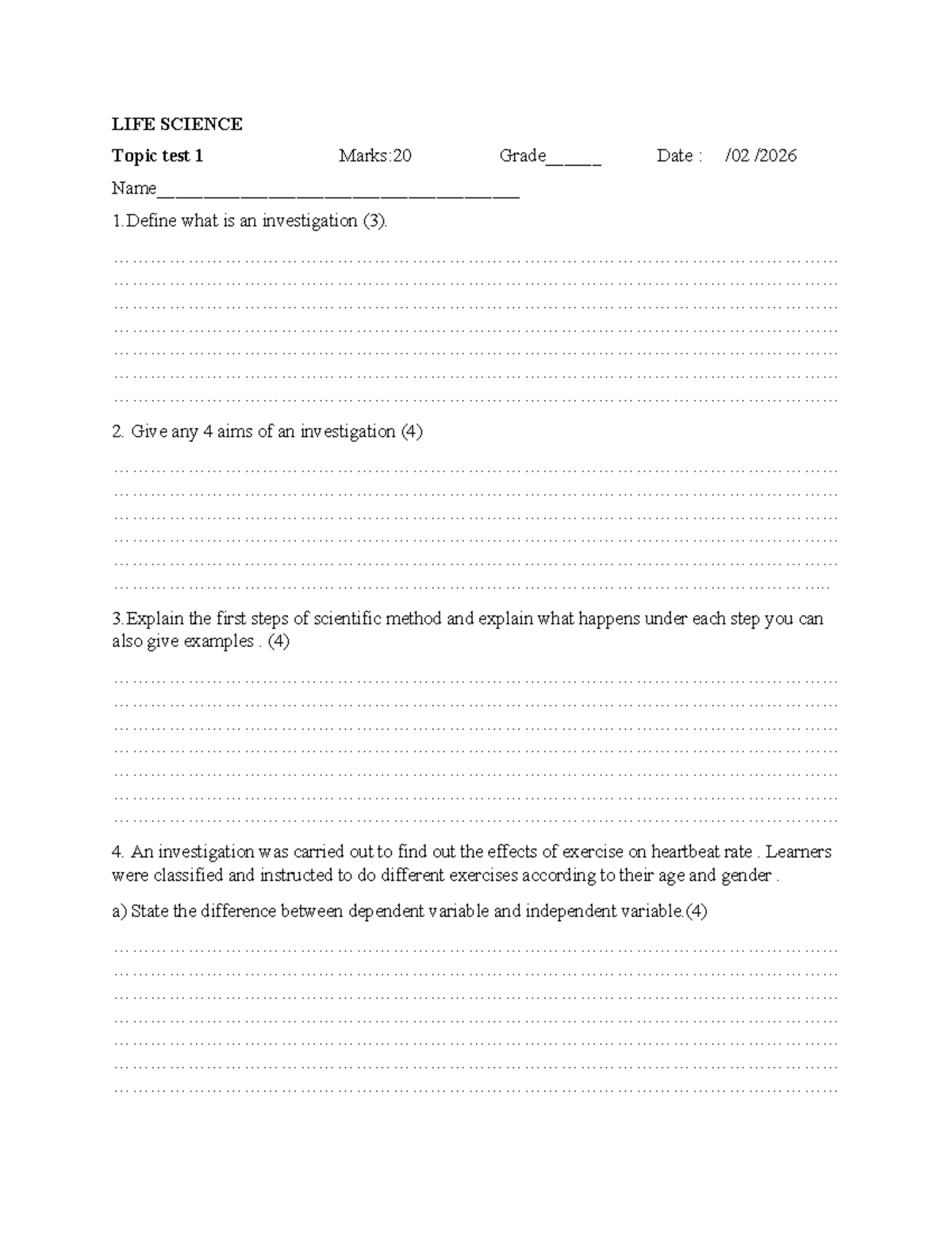 LIFE SCIENCE Grade 8 Test 1: Investigation and Scientific Method - Studocu