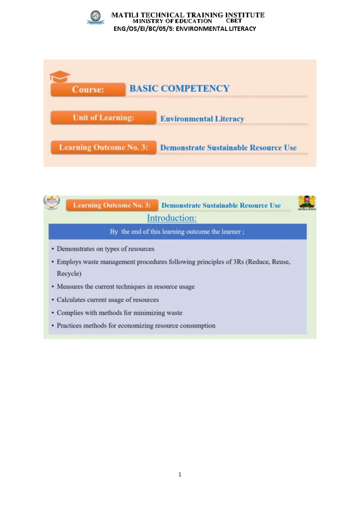 Topic 3 Demonstrate sustainable Resource Use - environmental literacy ...