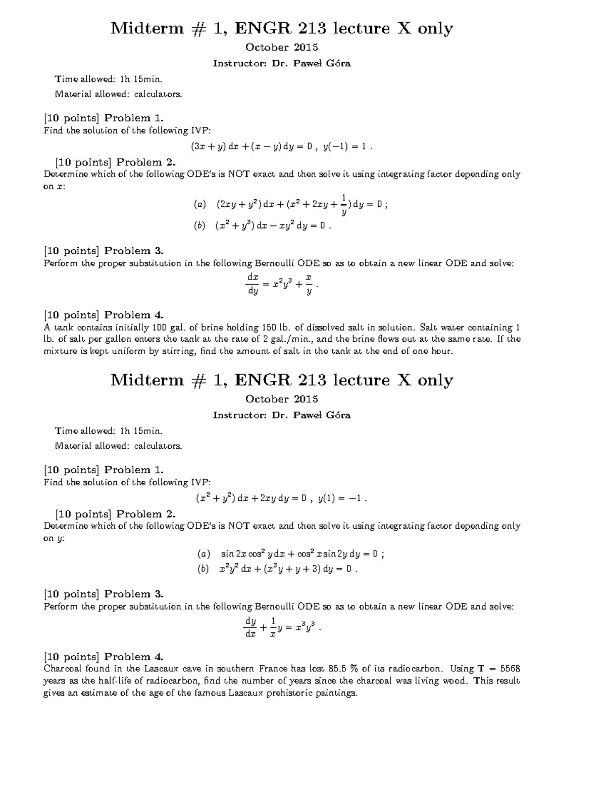 Midterm 1A Practice Problems for ENGR 213 - October 2015 - Studocu