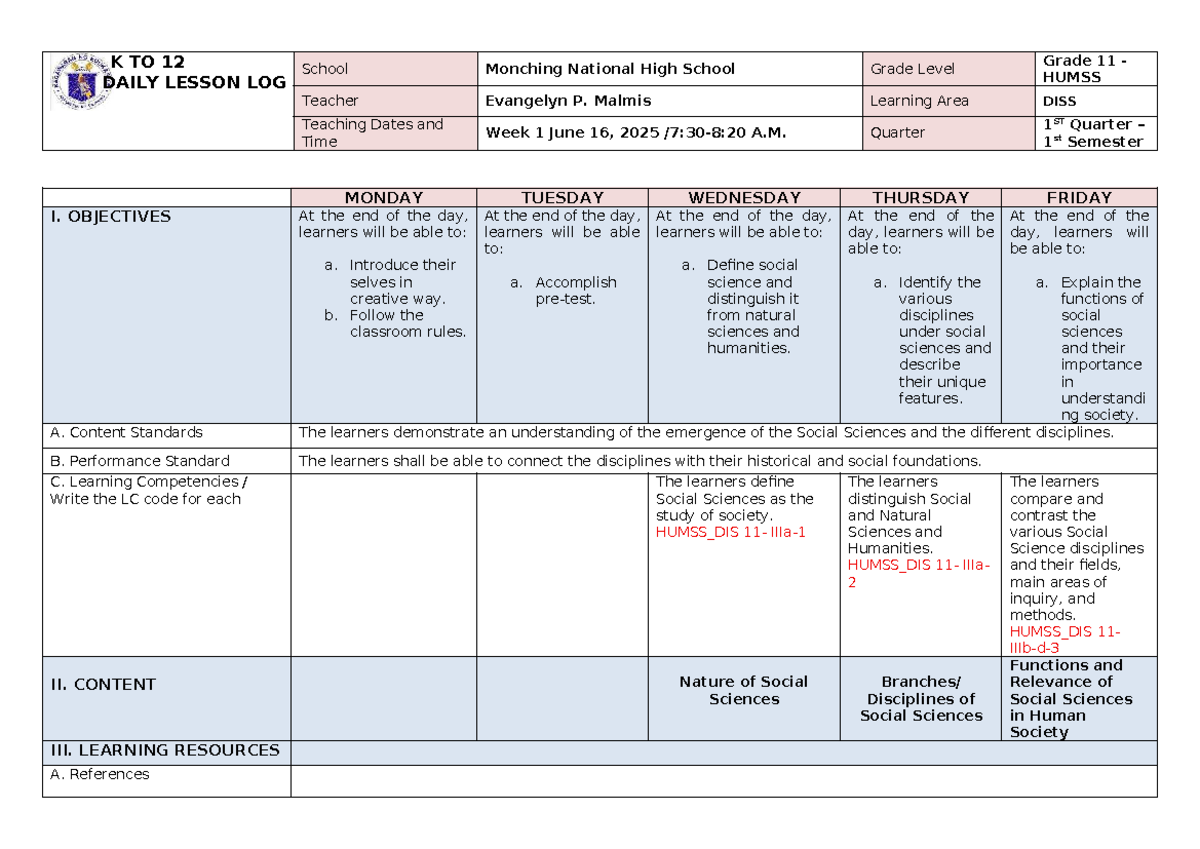 DISS 11 - Q1 Daily Lesson Log - Week 1 Overview - Studocu