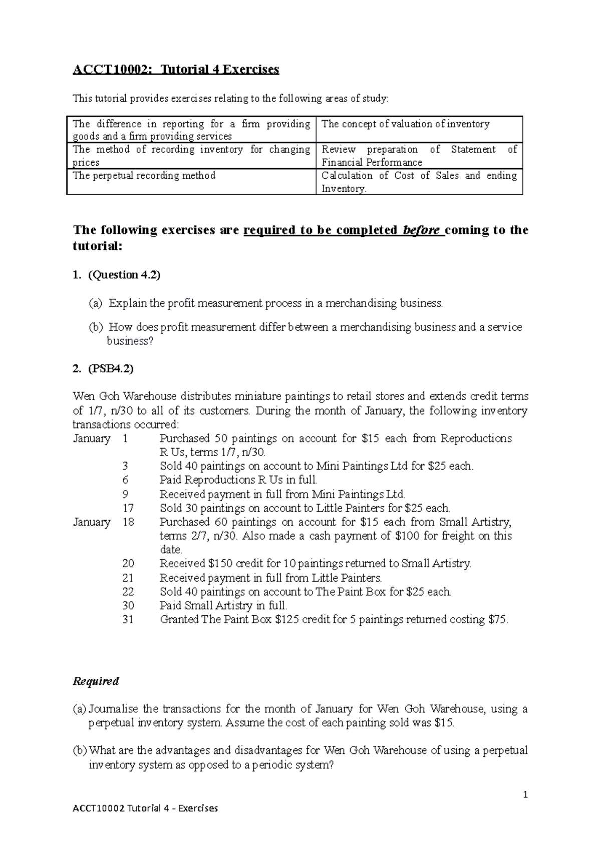 ACCT10002 Tutorial 4: Exercises on Inventory and Profit Measurement ...