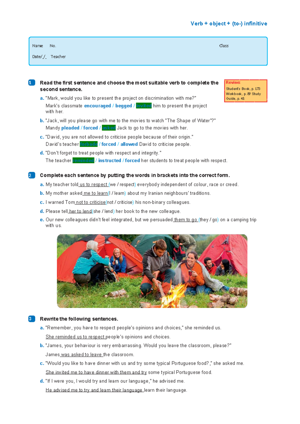Enga11 Grammar Worksheet 22: Verb + Object + Infinitive - Studocu