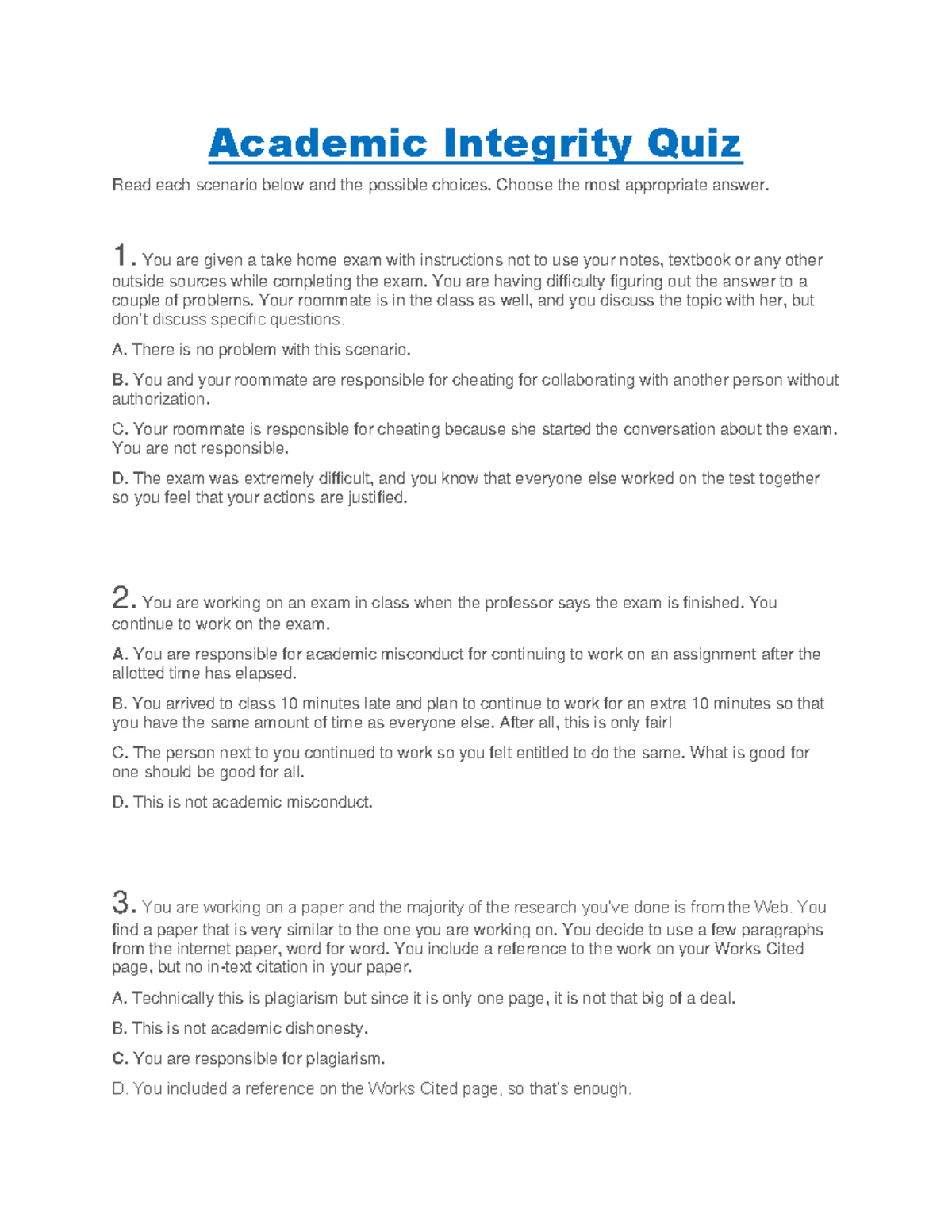 Academic Integrity Quiz (Course Code: GEEK MCQs) - Scenarios & Answers ...