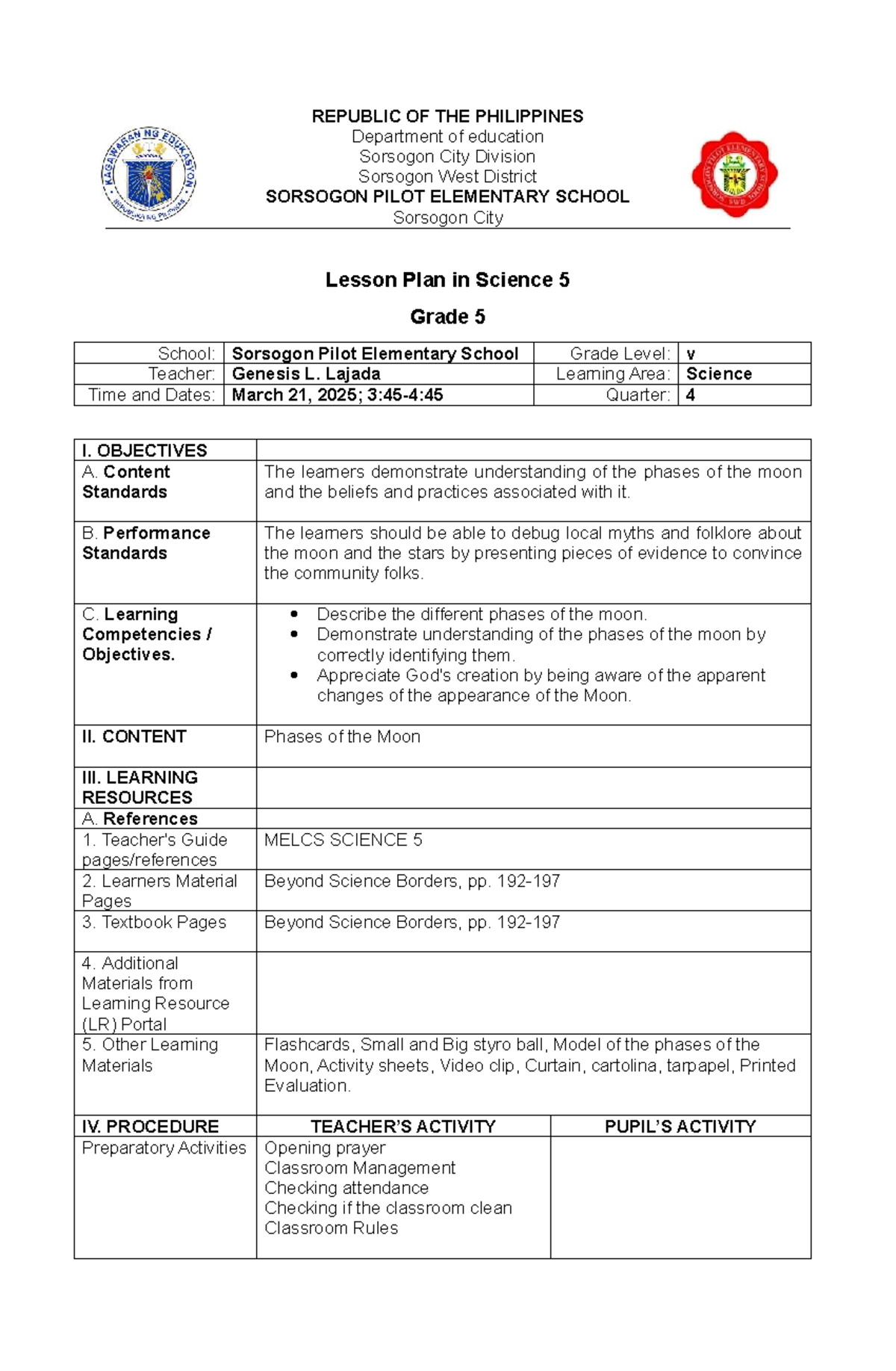Science 5 Lesson Plan: Understanding the Phases of the Moon - Studocu