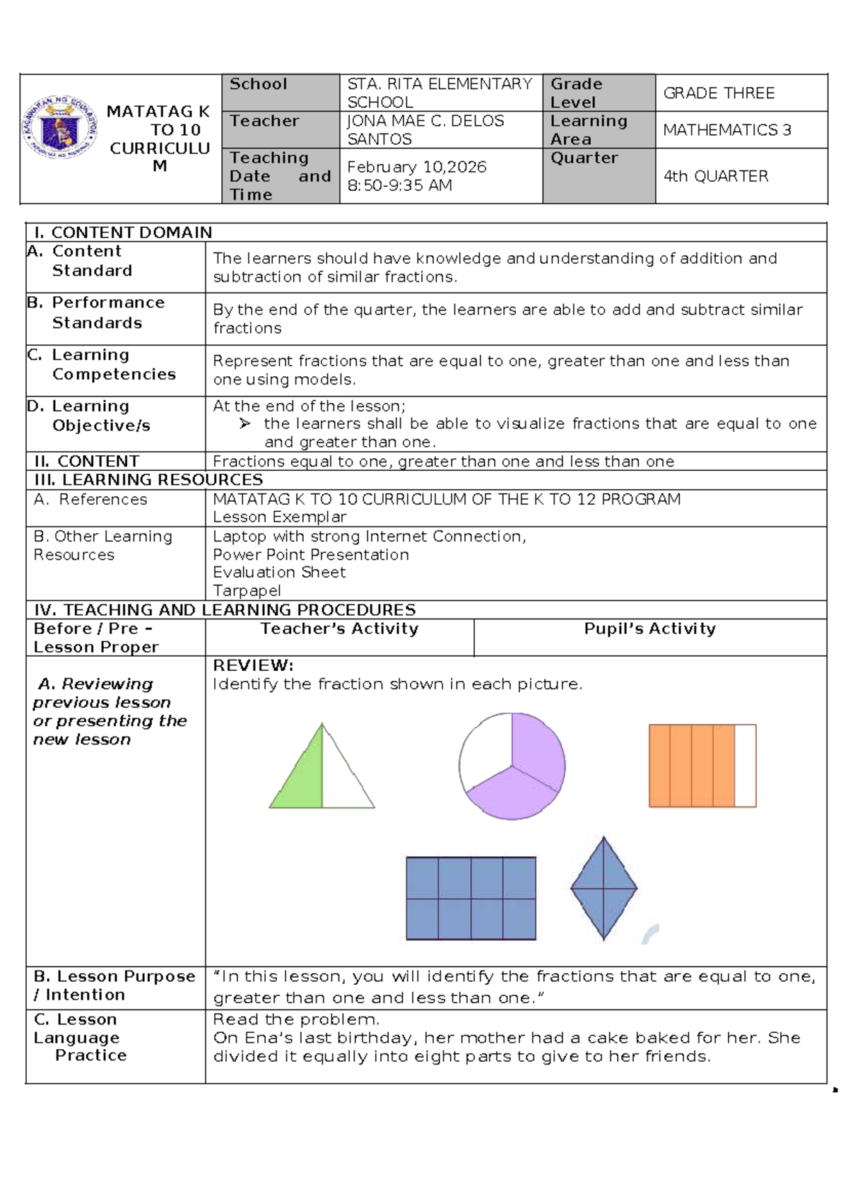 COT- Mathematics: Teaching Fractions in Grade 3 - 4th Quarter Lesson ...