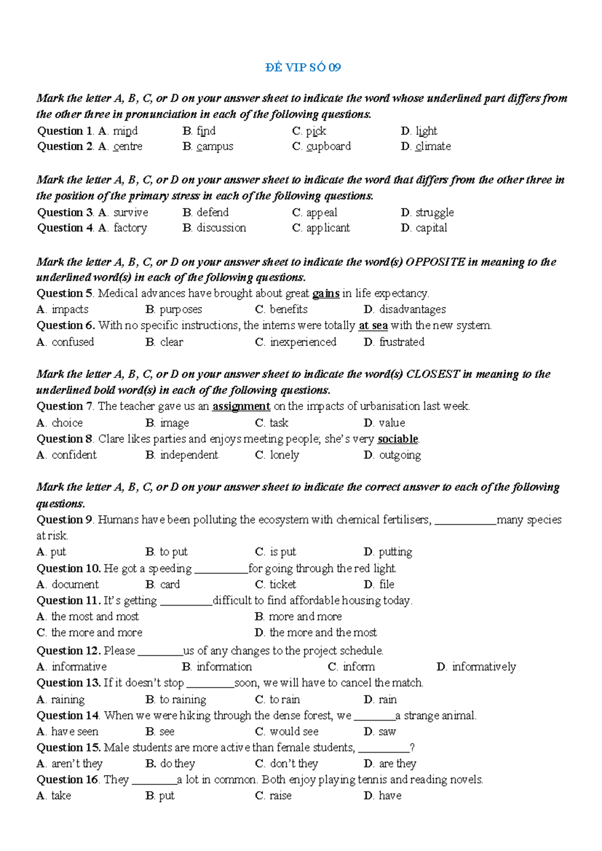 ĐỀ VIP 09 - Practical English Exam Questions - Studocu