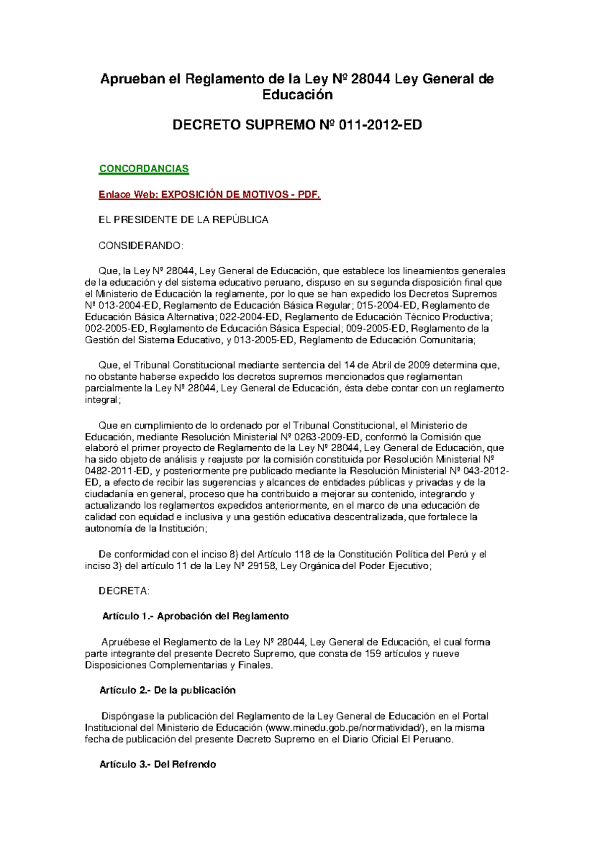 Reglamento Integral de la Ley N° 28044 - Educación General Perú - Studocu