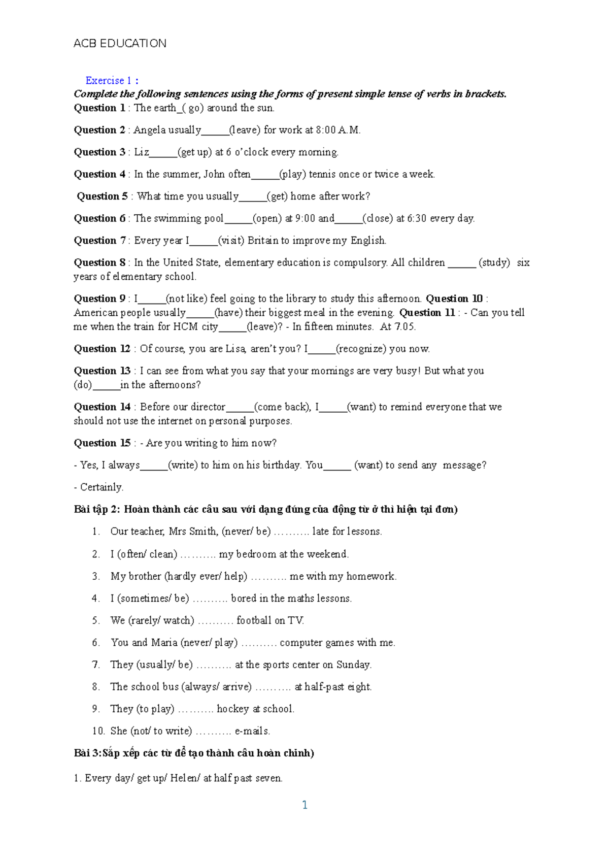 ACB EDUCATION Exercise on Present Simple Tense for Grade 7 English ...