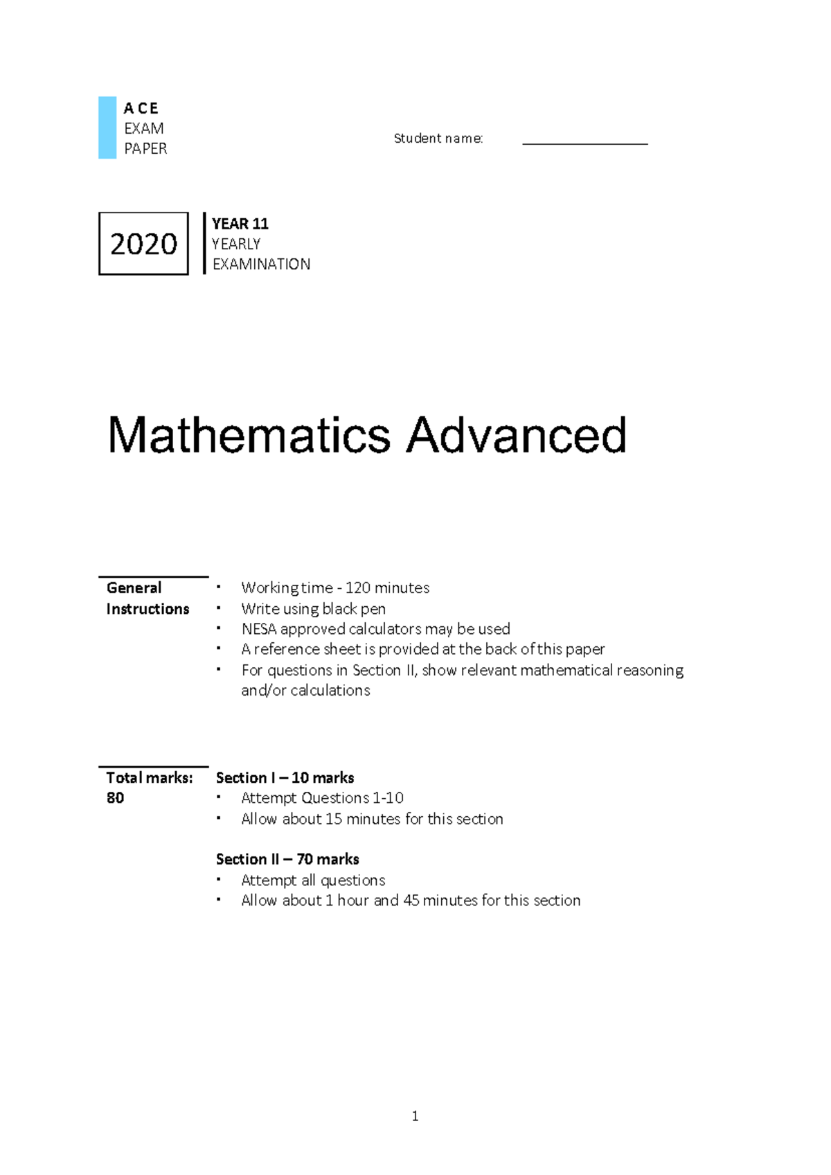 Year 11 Mathematics Advanced ACE Exam Paper 2020 - Studocu