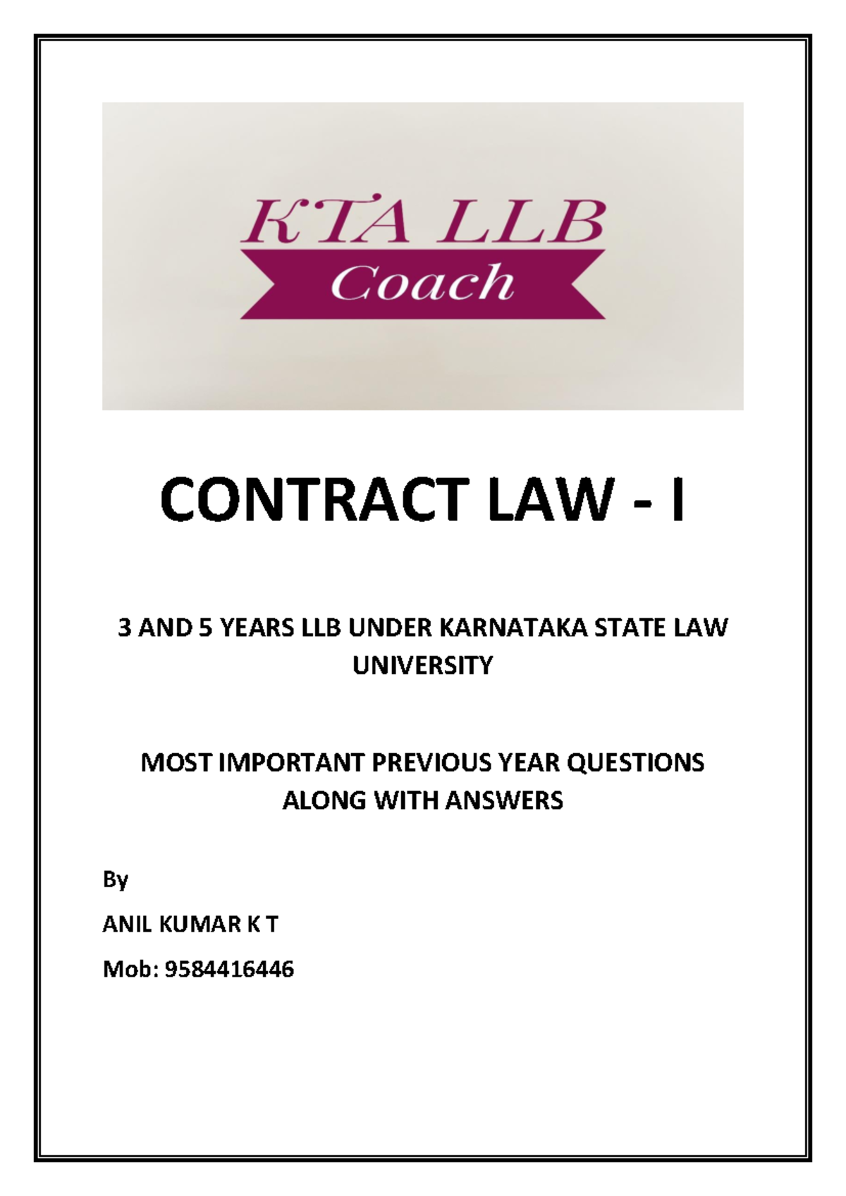 CONTRACT LAW I: Key Previous Year Qs & Answers for 1st Sem LLB - Studocu