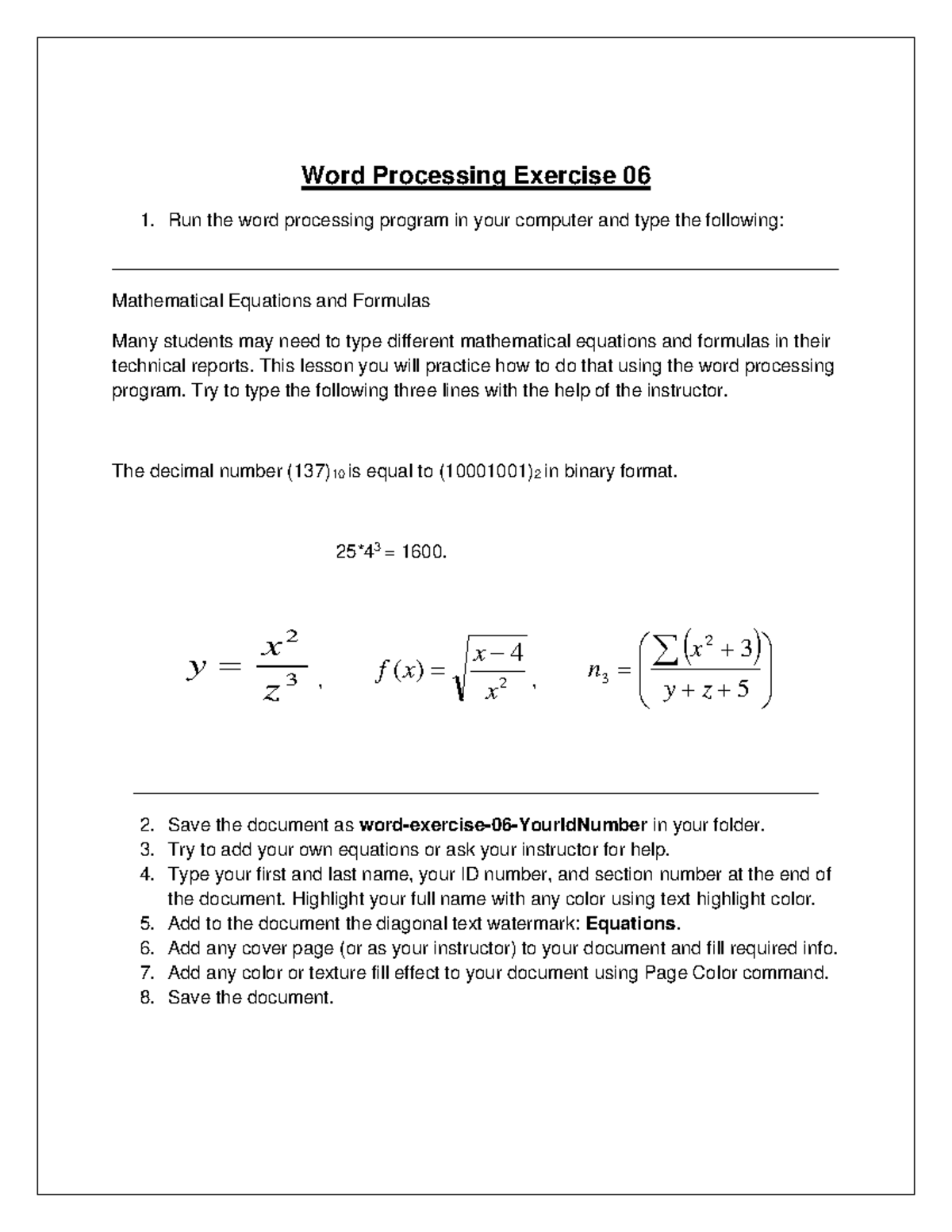 Word Processing Exercise 06: Mastering Mathematical Equations - Studocu