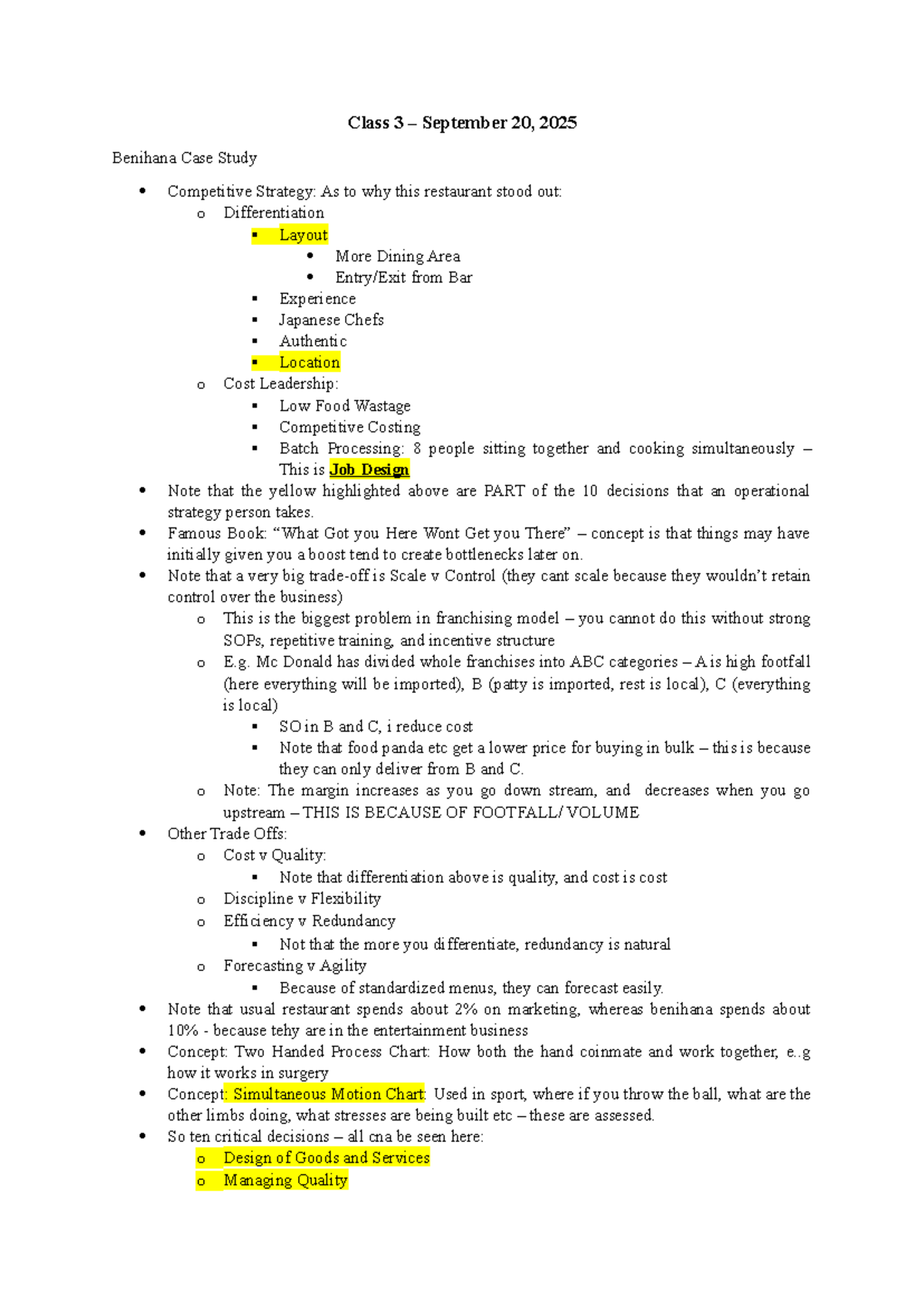 OPM 101 Class Notes: Benihana Case Study on Competitive Strategy - Studocu