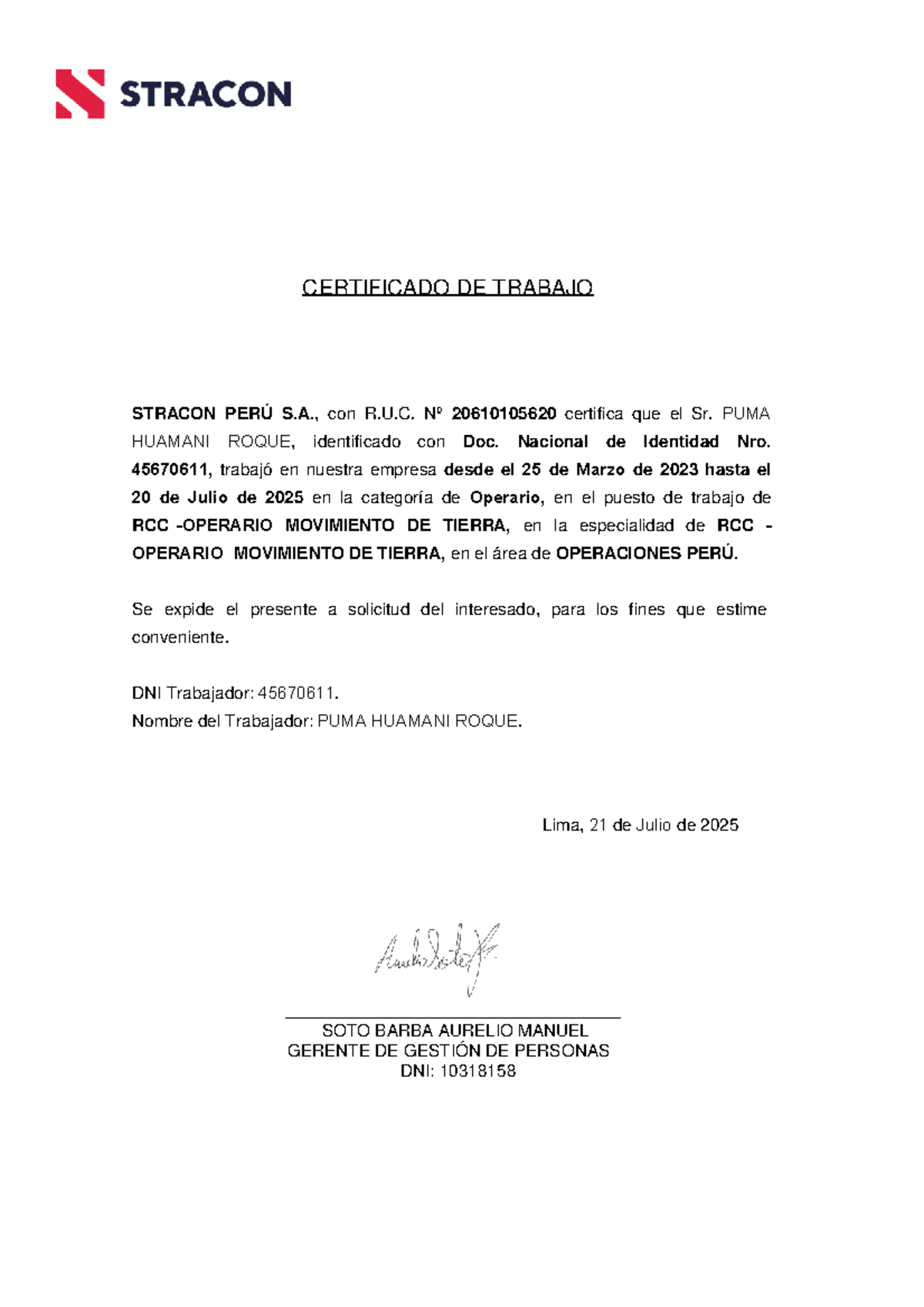 Certificado de Trabajo - Stracon Perú S.A. - Operario Movimiento de Tierra - Document Preview