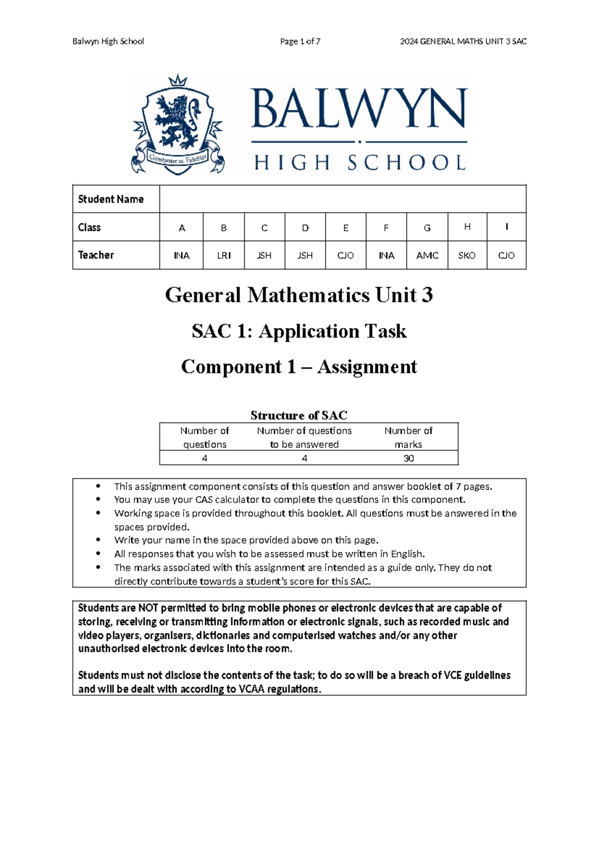 2024 GENERAL MATHS UNIT 3 SAC Application Task C1 Assignment Guide ...
