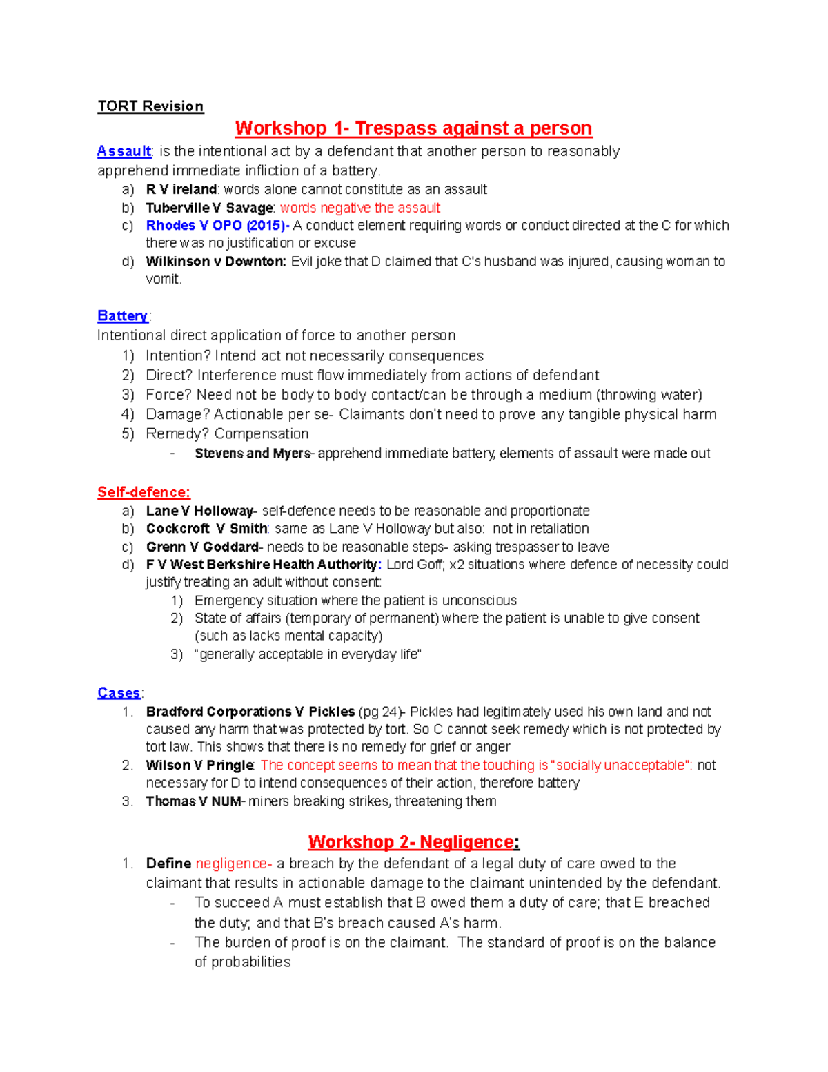 TORT Revision W1-8: Summary of Key Concepts and Case Law - Studocu