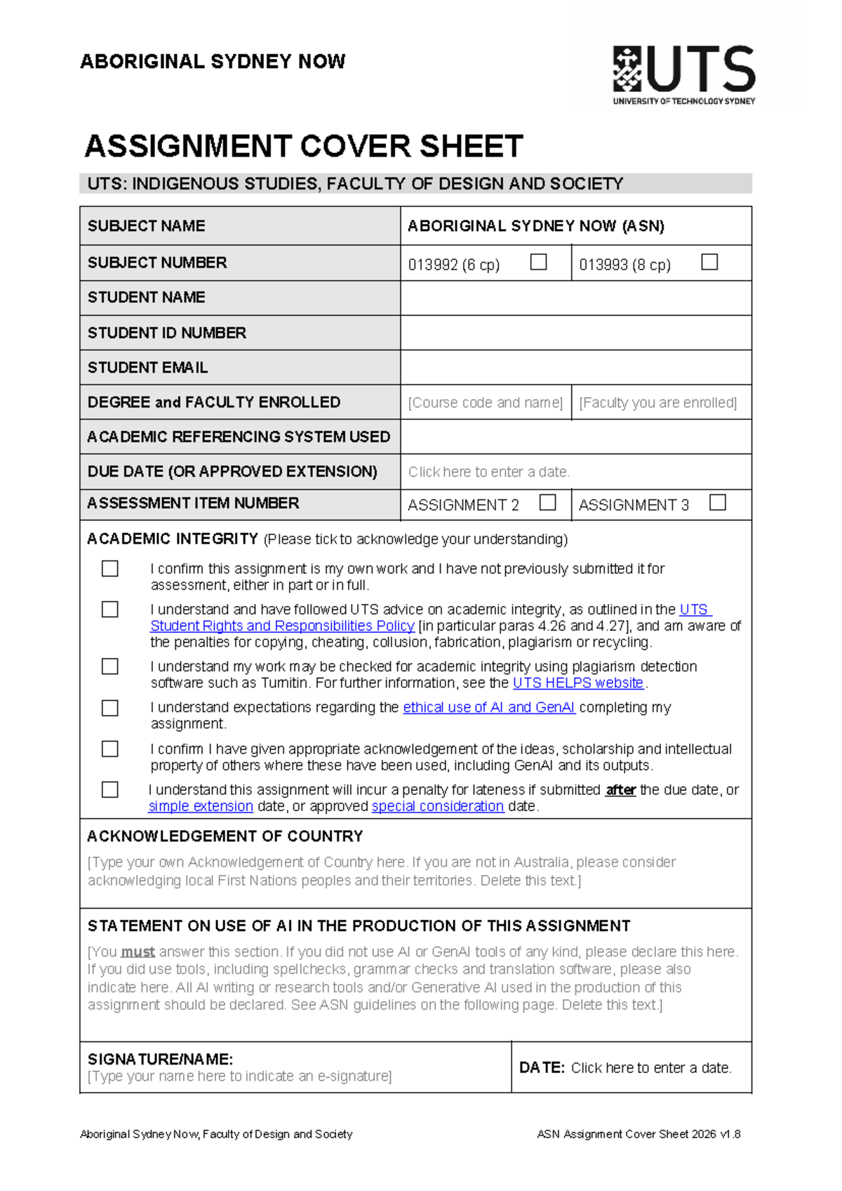 UTS: ASN Assignment Cover Sheet and Academic Integrity Guidelines - Studocu