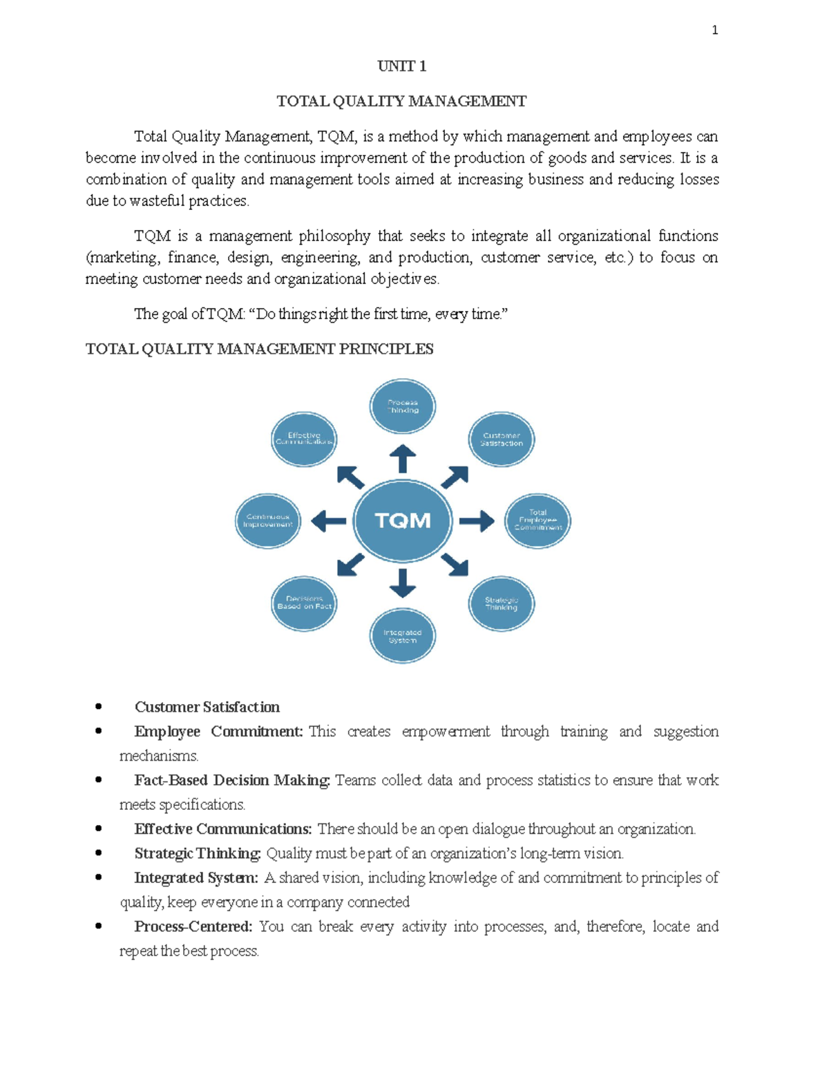 Total Quality Management Lecture NotesTQM - 1 UNIT 1 TOTAL QUALITY ...