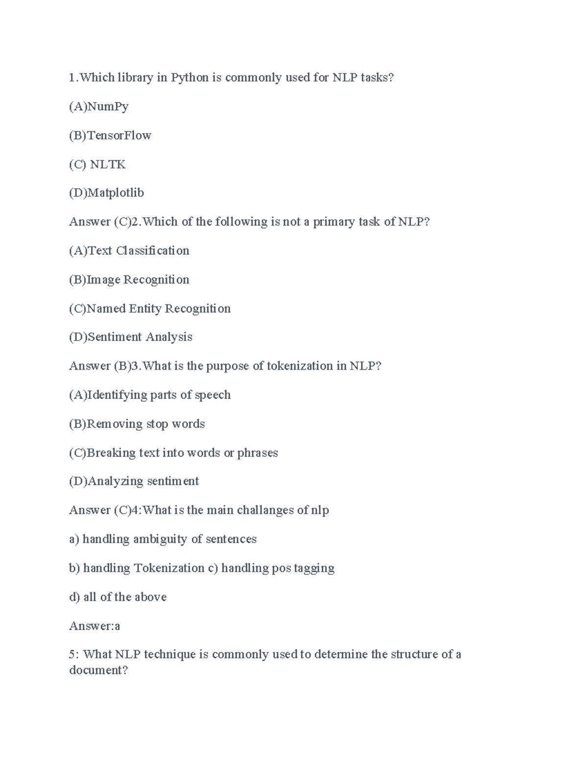 NLP Quiz Questions and Answers - Course Code: Nlp Bitbank - Studocu