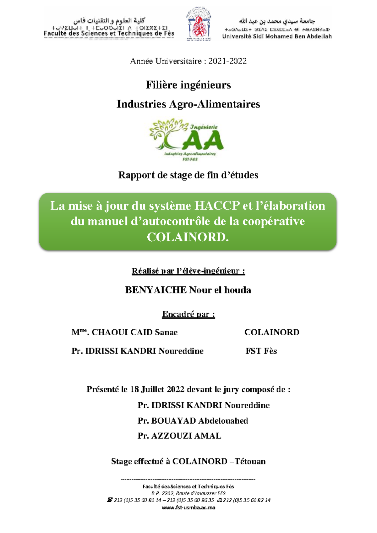 Rapport de Stage PFE IAA : Mise à Jour du Système HACCP chez COLAINORD ...