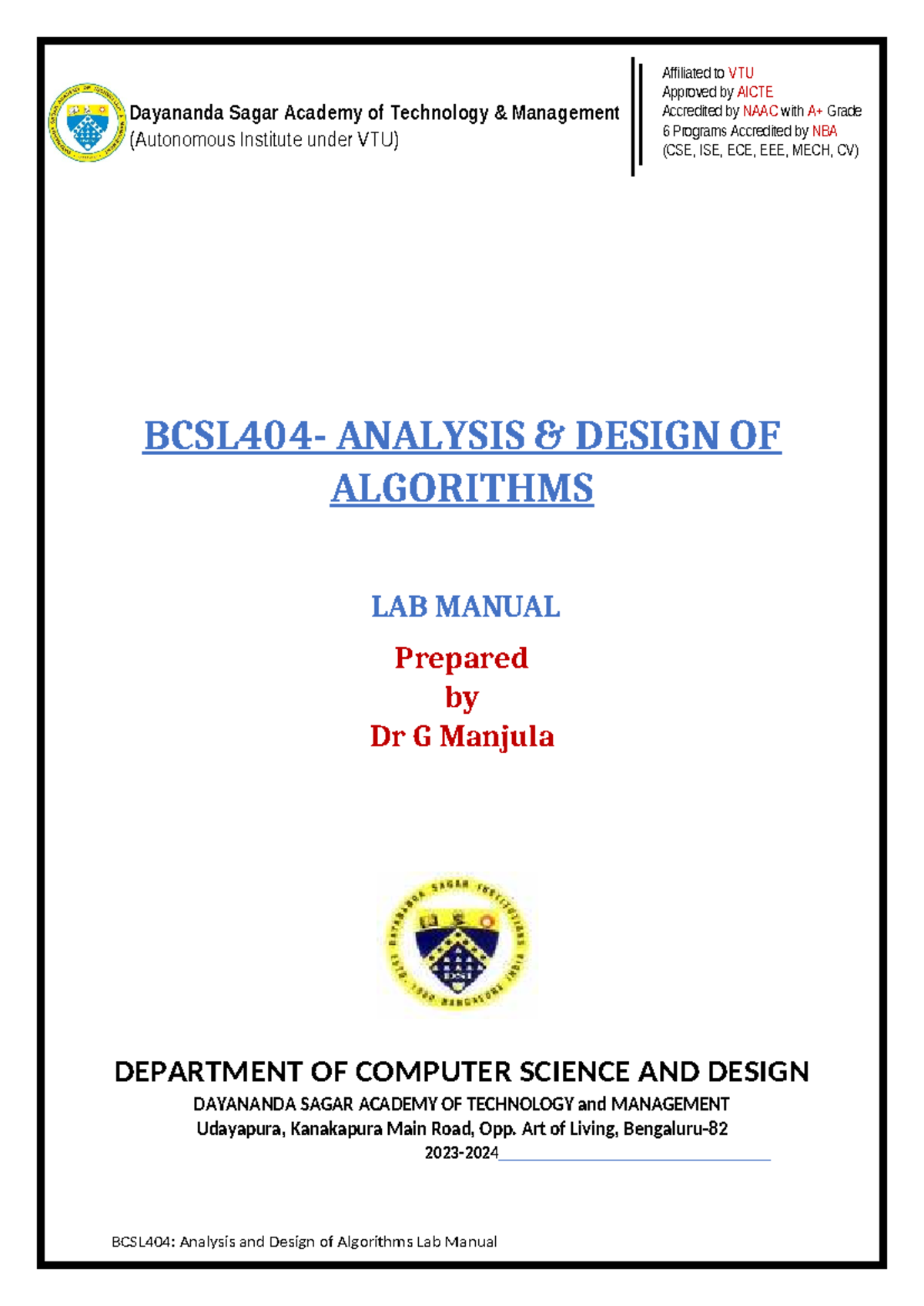 BCSL404: Analysis and Design of Algorithms Lab Manual - 2024 Edition ...