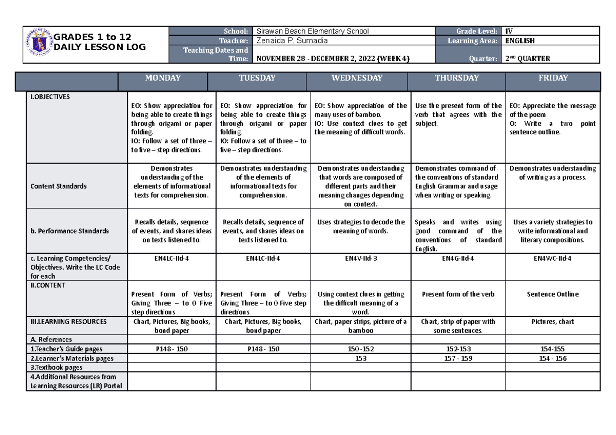 DLL English 4 Q2 W4 - DAILY LESSON PLAN - GRADES 1 to 12 DAILY LESSON ...