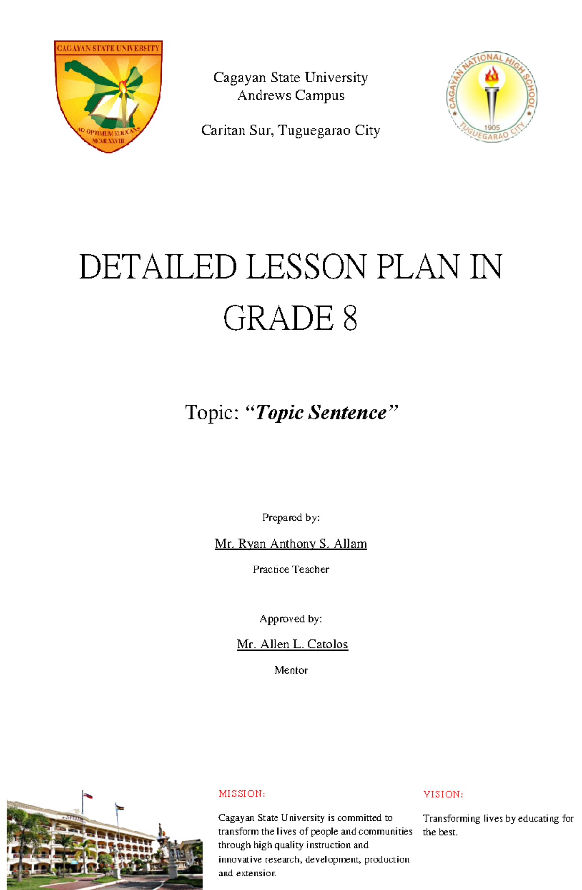 Grade 8 Lesson Plan on Topic Sentences - Detailed Guide - Studocu