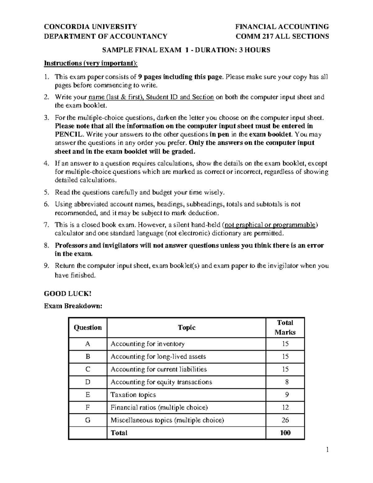 COMM 217 Financial Accounting Sample Final Exam 1 Guide - Studocu