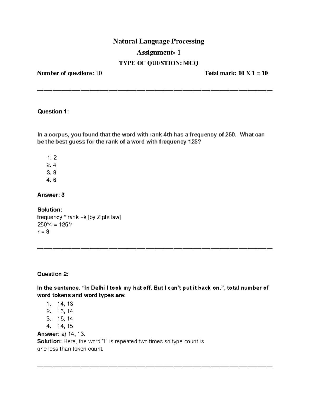 NPTEL NLP 2025 Assignment 1: MCQ questions and solutions - Studocu