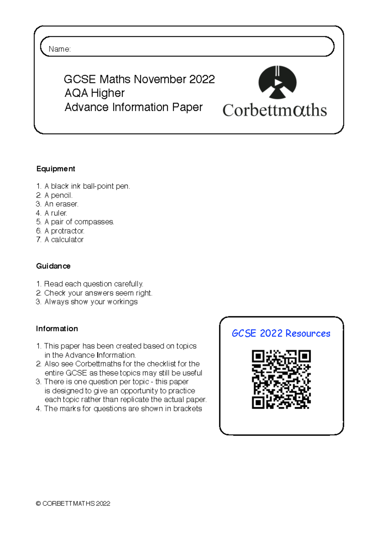 GCSE Maths Nov 2022 AQA Higher Advance Info Practice Paper - Studocu